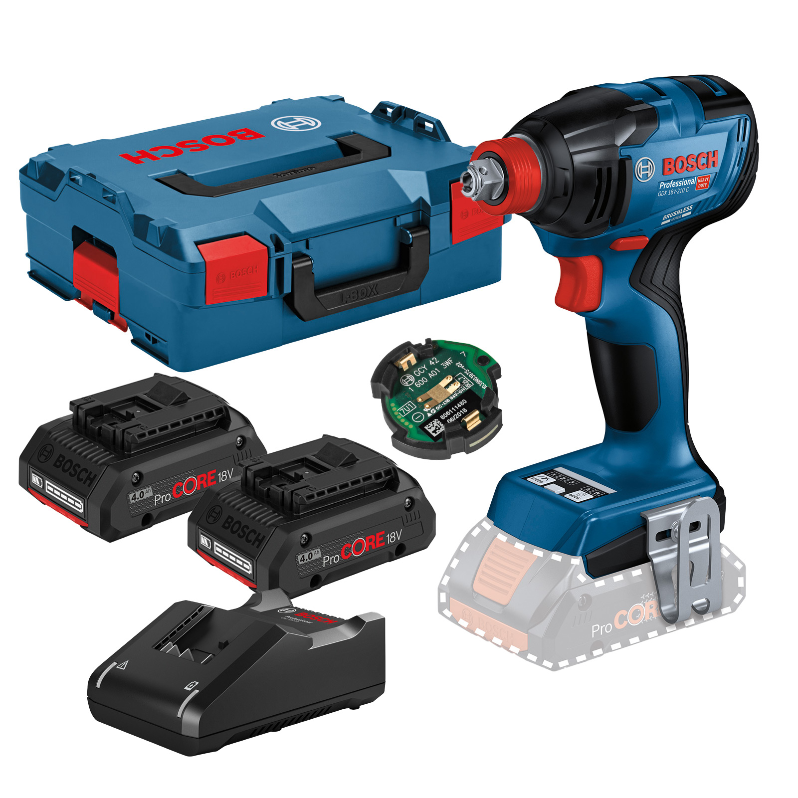 Bosch Akku-Drehschlagschrauber GDX 18V-210 C / 2x 4,0 Ah ProCORE18V Akku + Ladegerät + GCY 42 in L-Boxx - 06019J0203