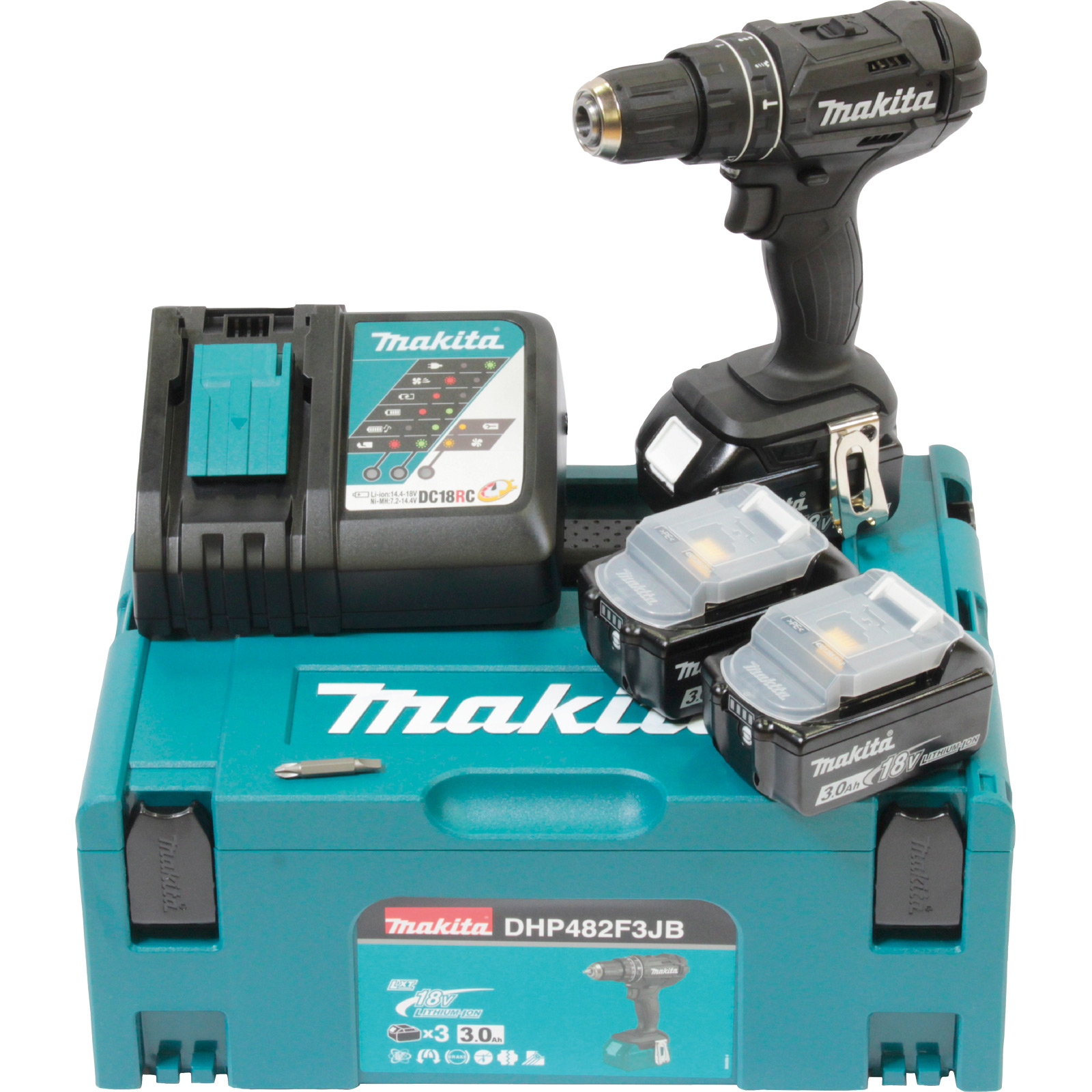 Makita DHP482F3JB Akku-Schlagbohrschrauber Sonderfarbe schwarz 18V / 3x 3,0 Ah Akku + Ladegerät im Makpac