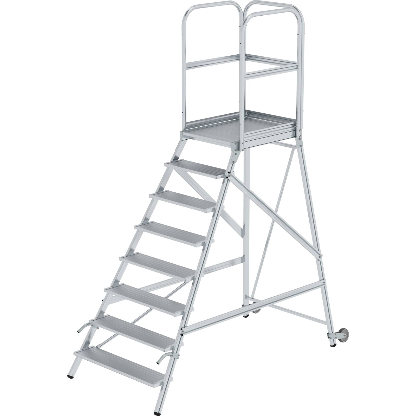 Günzburger Steigtechnik Podesttreppe einseitig begehbar mit Rollen & Griffen Aluminium geriffelt 8 Stufen - 056108