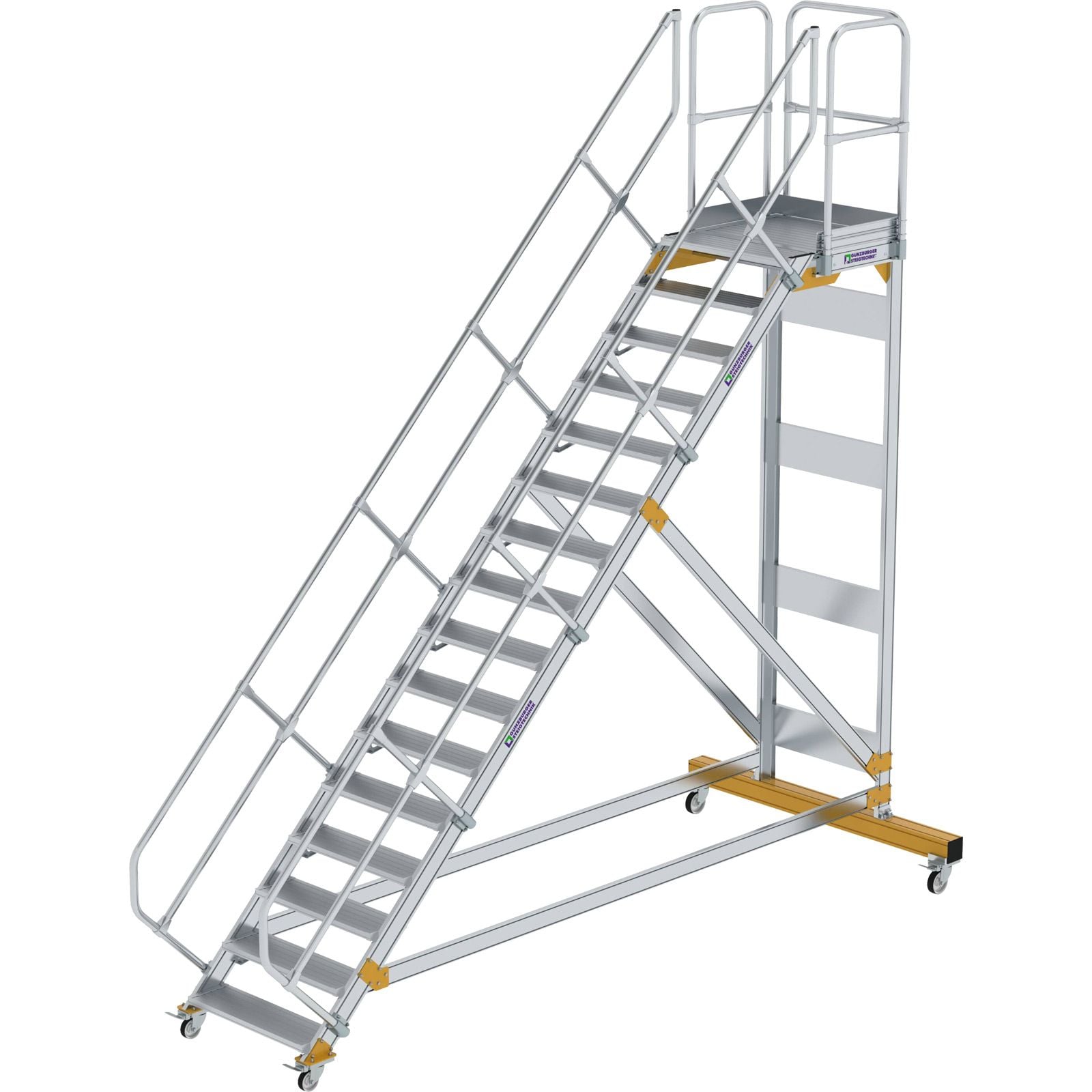Günzburger Steigtechnik Plattformtreppe 45° fahrbar Stufenbreite 0,8 m 16 Stufen Aluminium geriffelt - 600796