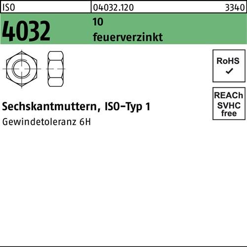 Sechskantmutter ISO 4032 M22 10 feuerverz. 50 Stück