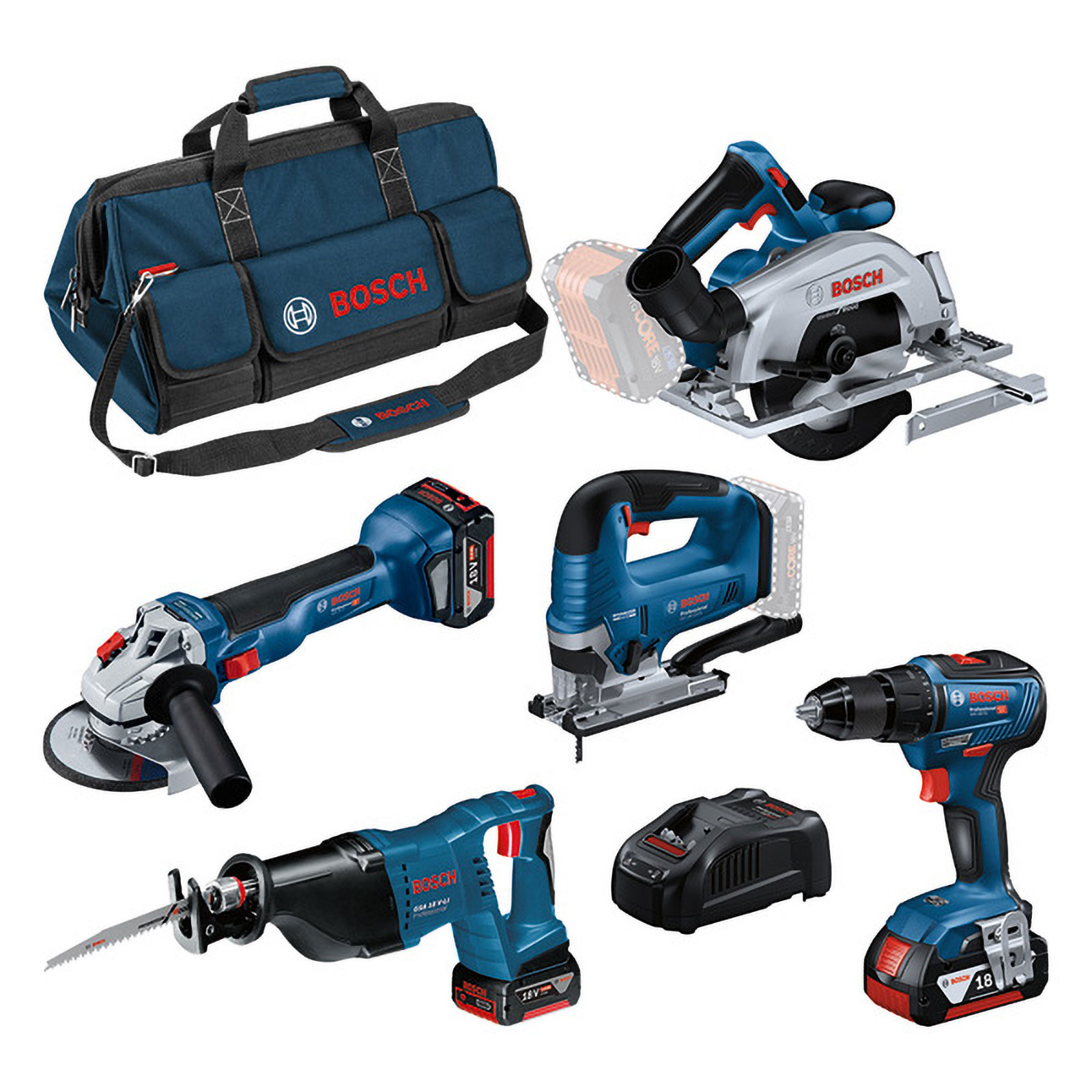 Bosch Combo Kit Set 5 18V: GSR 18V-55/GWS 18V-10/GKS 18V-57-2/GSA 18V-LI/GST 18V-125B - 0615990N39