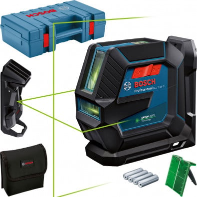 Bosch Linienlaser GLL 2-15 G / 4x 1,5 V-LR6-Batterie inkl. Laserzieltafel + LB 10 + DK 10 + Tasche im Koffer - 0601063W02