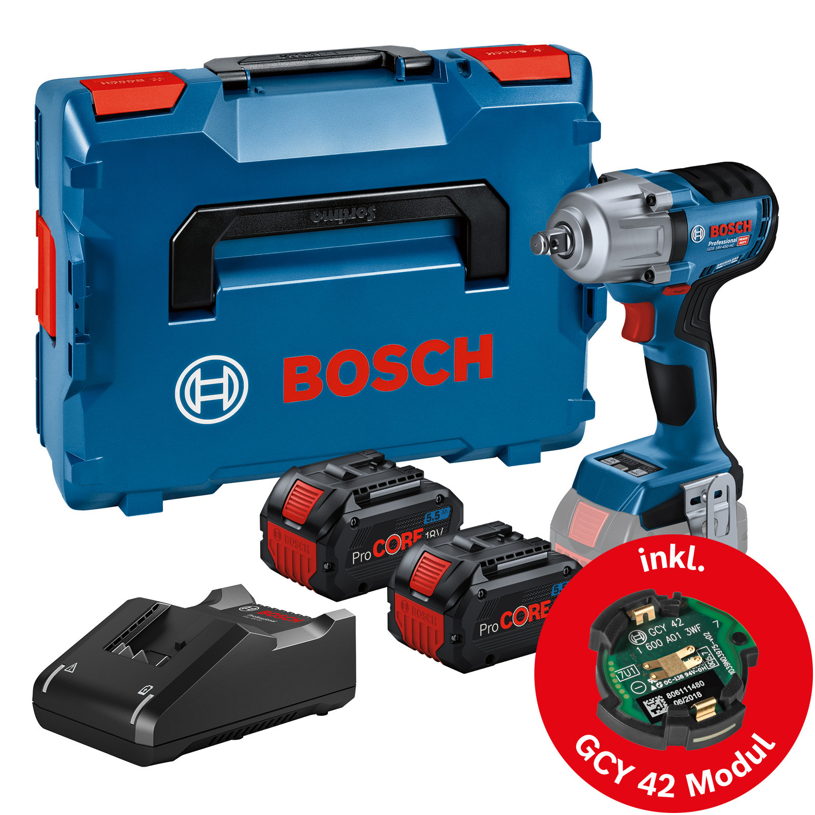 Bosch Akku-Drehschlagschrauber Ladegerät 18V-450 GCY / 2x 136 Werkzeugstore24 Ah ProCORE bei 8,0 in GDS 42 + inkl. HC L-Boxx