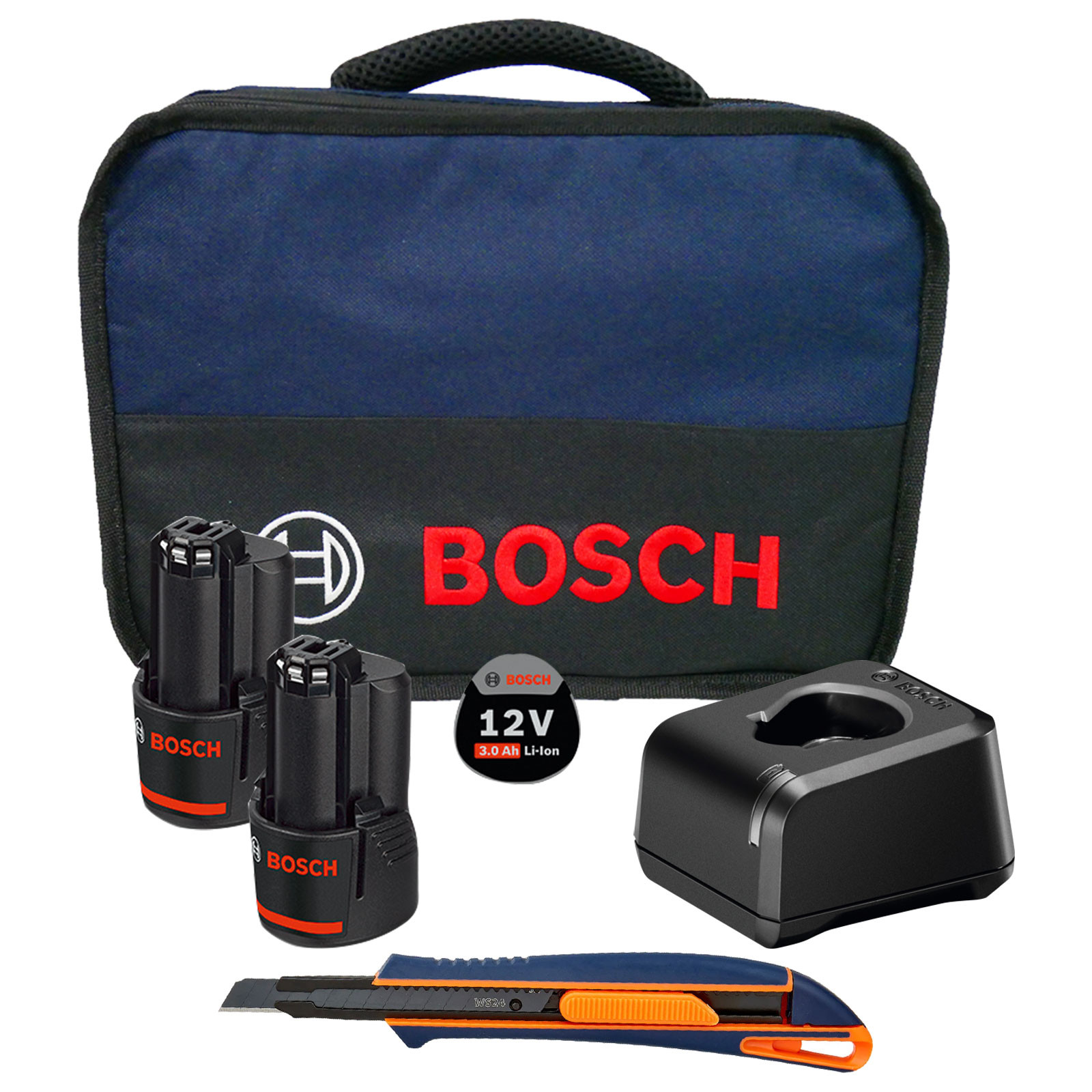 Bosch Starter-Set 12V / 2x 3,0 Ah Akku + Ladegerät GAL 12V-20 inkl. WS24  Cuttermesser 9 mm im Softbag bei Werkzeugstore24