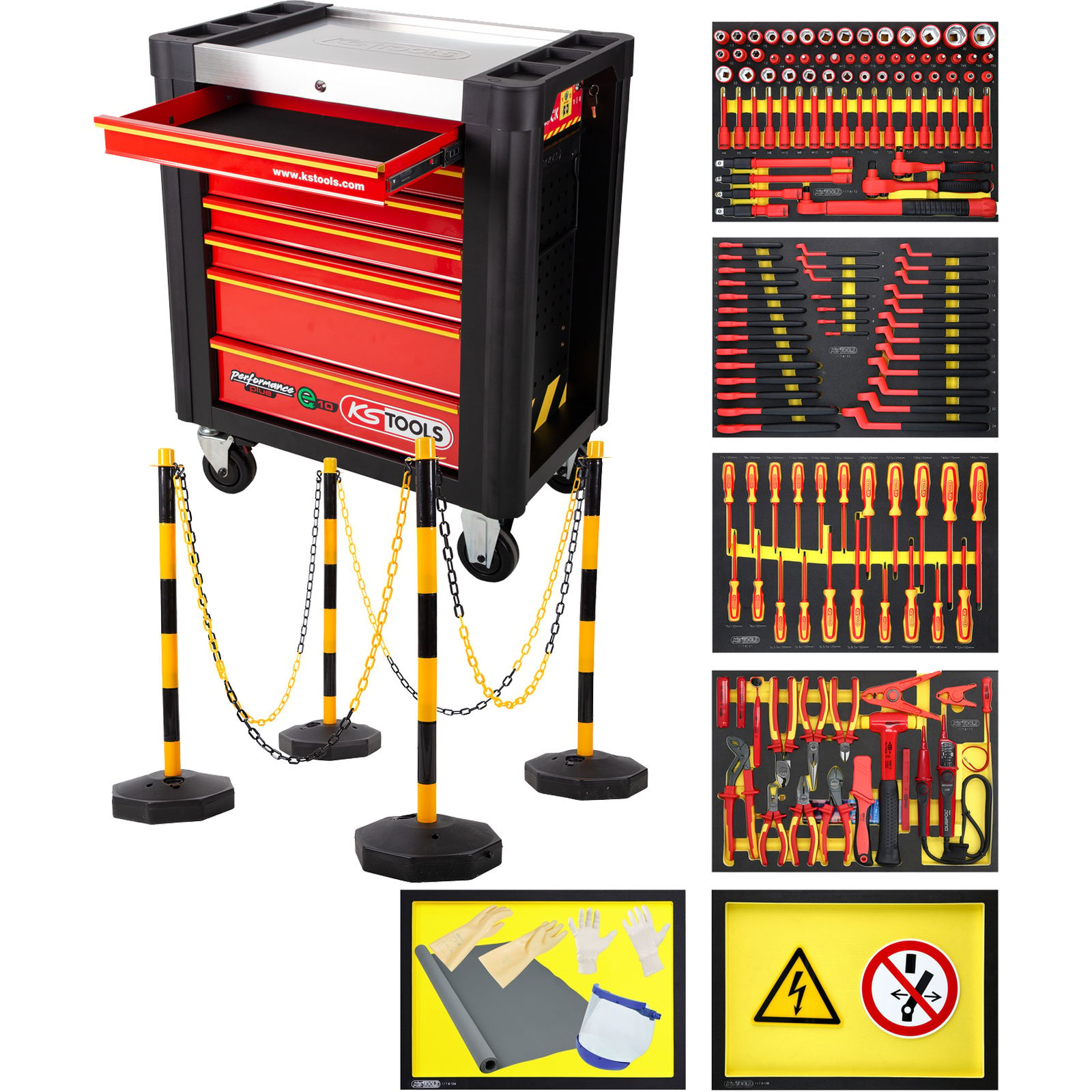 KS TOOLS PERFORMANCEplus Werkstattwagen e10 mit 164 isolierten Werkzeugen für Hybrid- und Elektrofahrzeuge - 117.6155