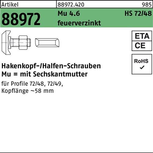 Hammerkopfschraube R 88972 Typ 72/48 M20x 50 Mu 4.6 feuerverz. 20St. HALFEN