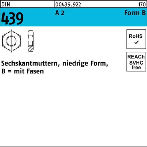 Sechskantmutter DIN 439/ISO 4035 FormB BM 2,5 A 2 100 Stück
