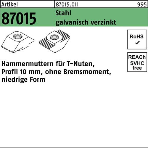 Hammerkopfmutter R 87015 o.Bremsmoment niedrig 10mm M6 Stahl galv.verz. 100St.