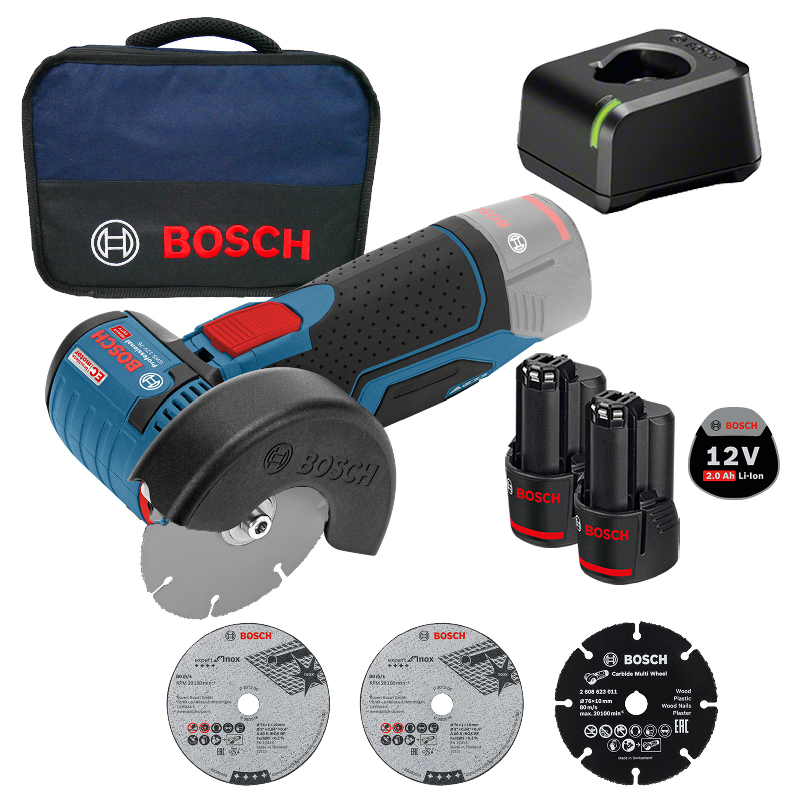 Bosch Akku-Winkelschleifer GWS 12V-76 Ø 76 mm / 2x 2,0 Ah Akku + Ladegerät im Softbag