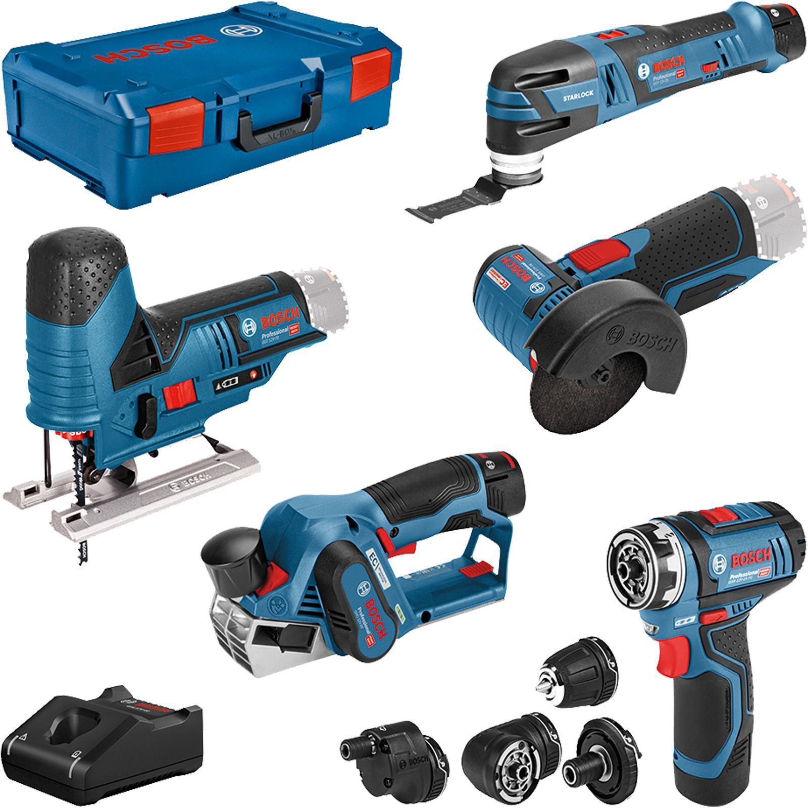 Bosch Kombi-Set: GSR 12 V-15 FC + GOP 12 V-28 + GHO 12 V-20 + GWS 12 V-76 + GST 12 V-70 + GBA (2 x 2,0Ah + 1 x 3,0Ah) + Ladegerät in XL-Boxx - 0615A0017D