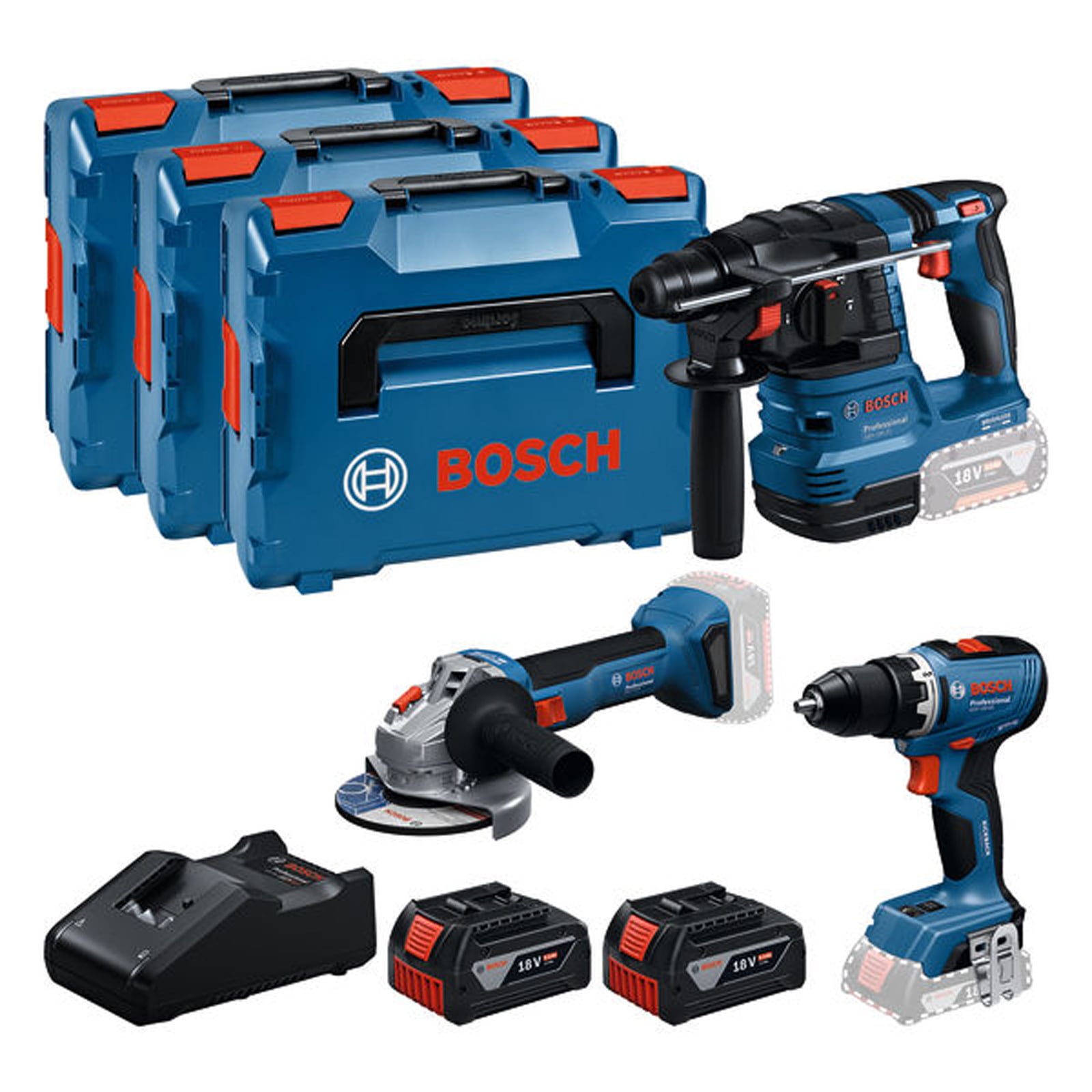 Bosch Combo Kit 18V-Set mit 3 Werkzeugen: GSR + GBH + GWS + 2x GBA 5.0 Ah + GAL 18V-40