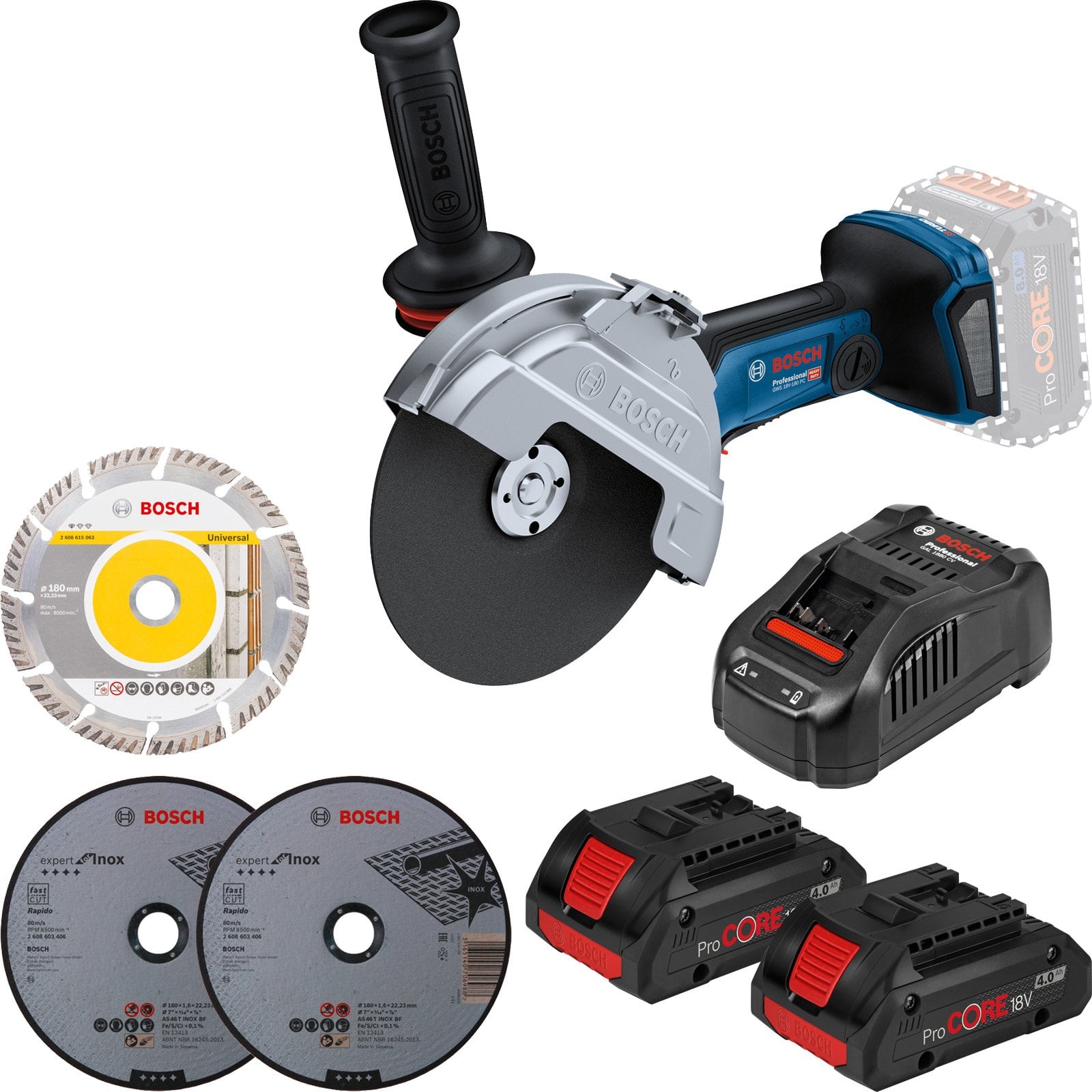 Bosch Akku-Winkelschleifer GWS 18V-180 PC Ø 180 mm / 2x 4,0 Ah ProCore + GAL 1880 CV