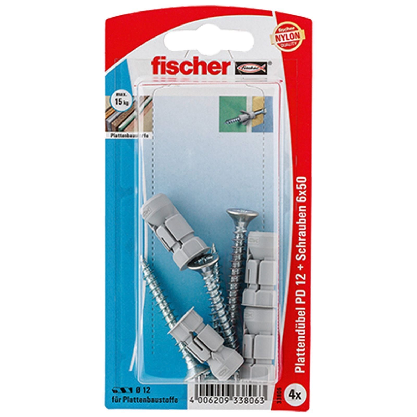 Fischer 4x Plattendübel PD 12 S mit Schraube - 33806