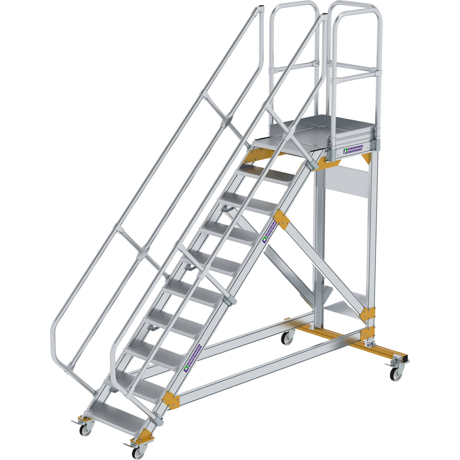 Günzburger Steigtechnik Plattformtreppe 45° fahrbar Stufenbreite 0,6 m 10 Stufen Aluminium geriffelt - 600770