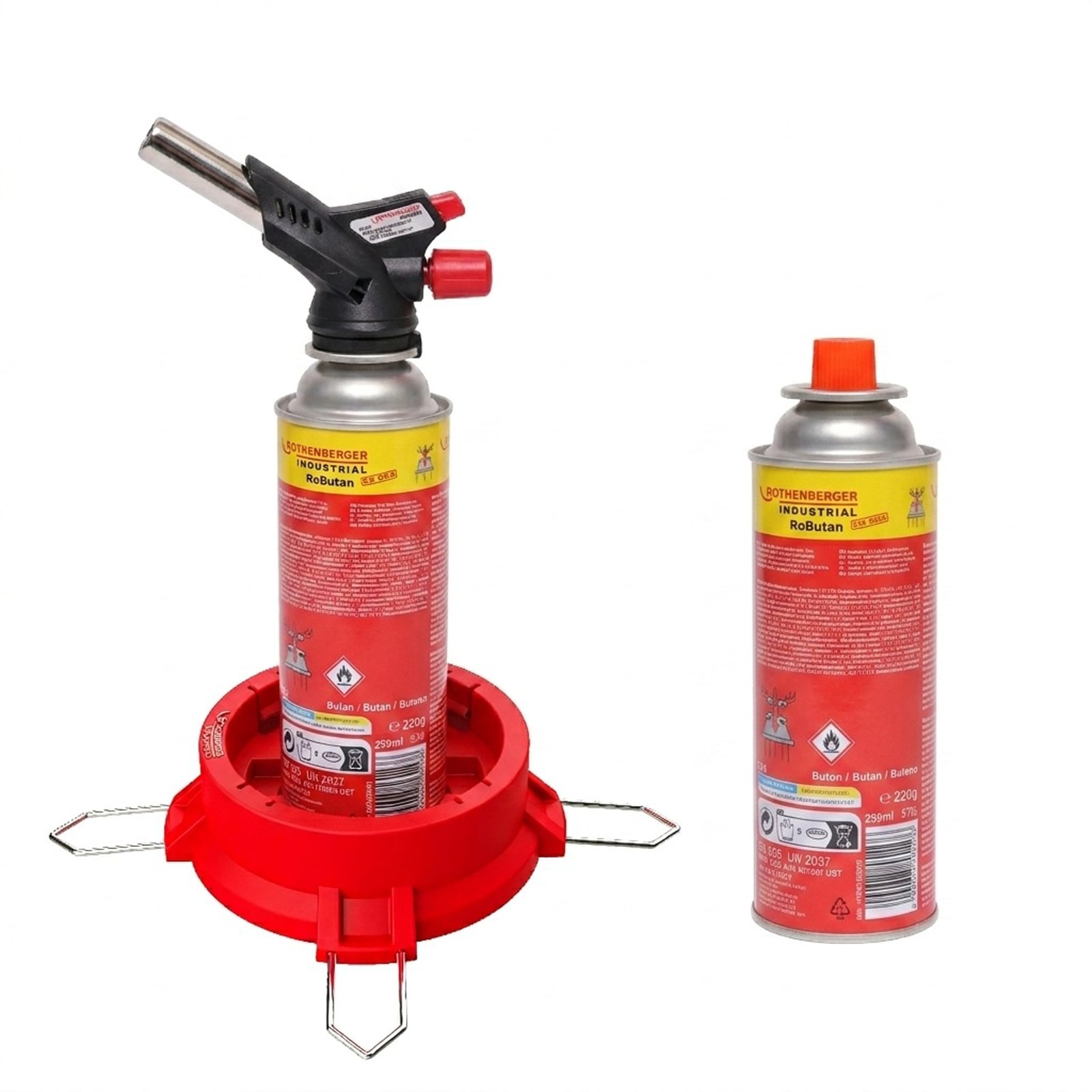 ROTHENBERGER Industrial Gas Brenner RS 220 inkl. 2x RoButan Gaskartuschen & Standfuß | 360° Drehung | Über-Kopf-Arbeiten | Kartuschenhalter | Outdoor & Camping - 1500005804