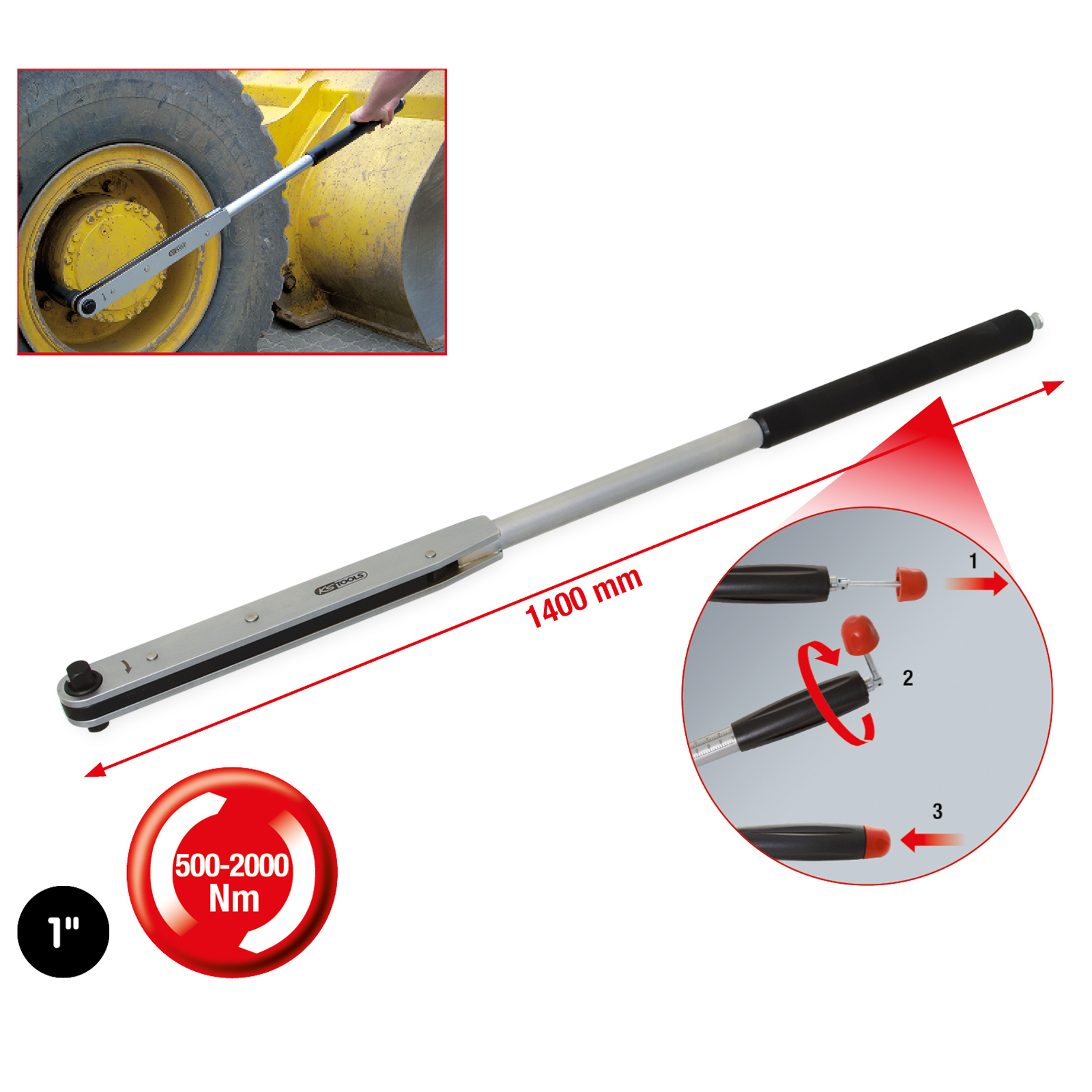 KS TOOLS 1" Kurzweg-Drehmomentschlüssel 500 - 2.000 Nm - 516.3555