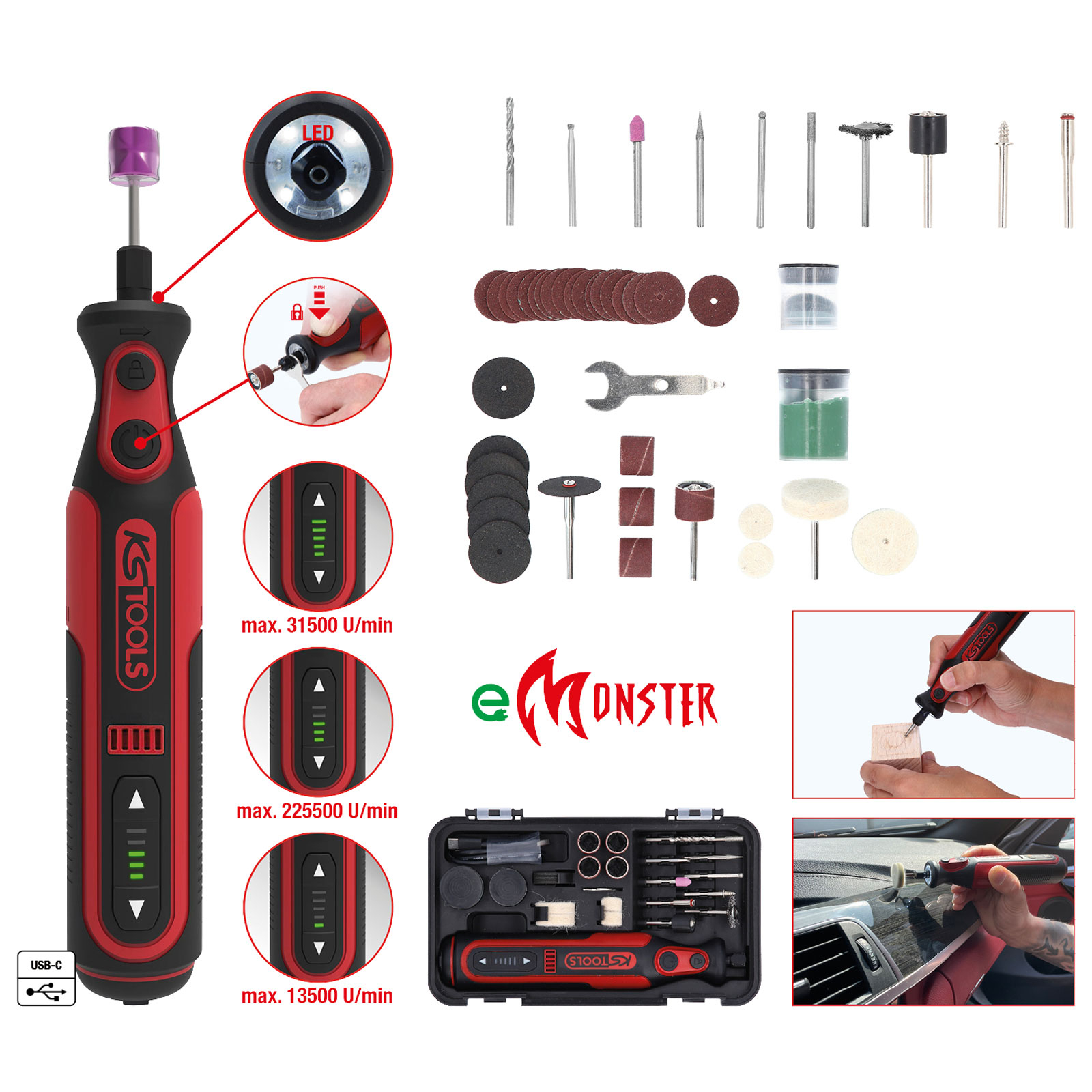 KS TOOLS eMONSTER Akku-Multifunktionswerkzeug-Satz mit 50 Zubehörteilen - 515.3990