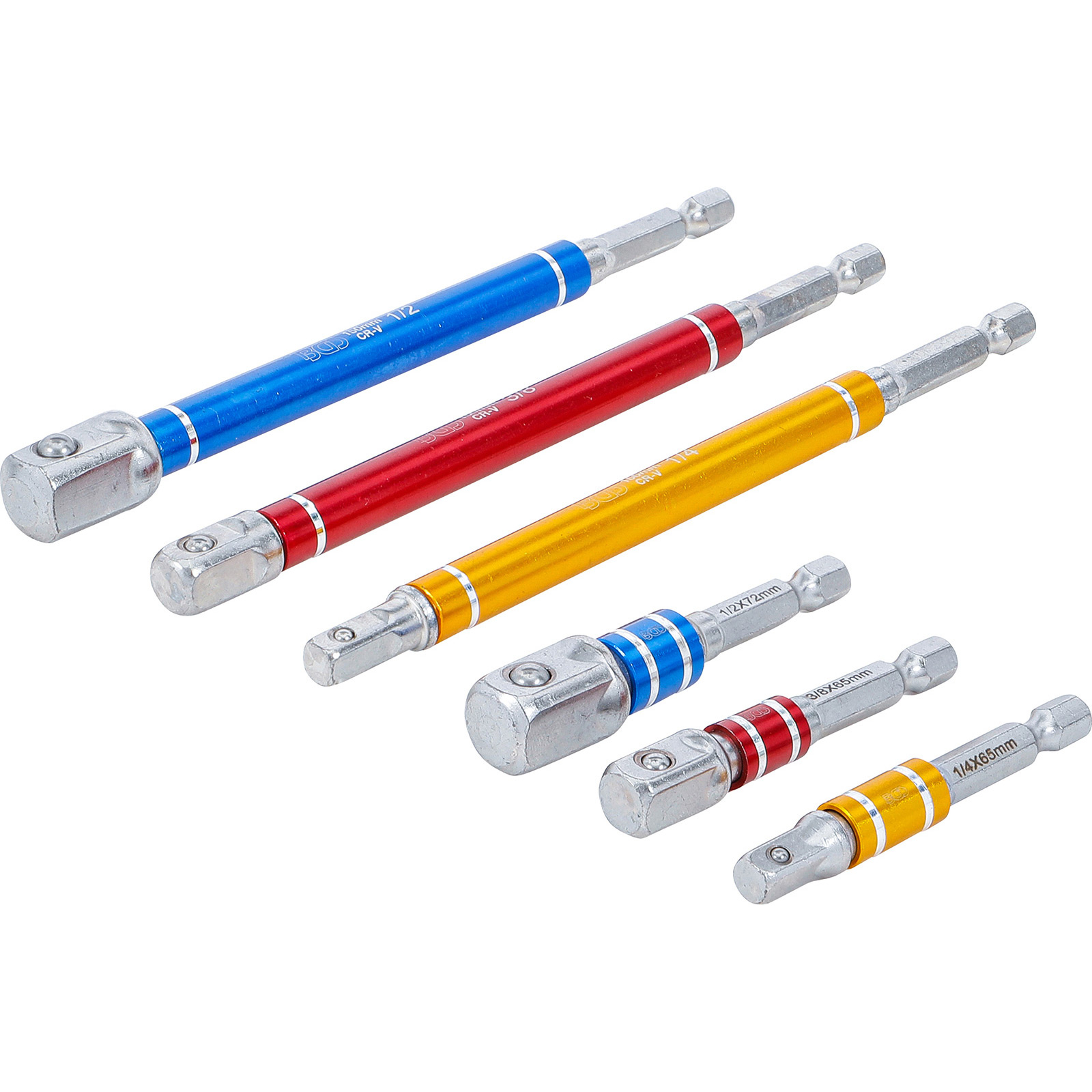 BGS Adapter-Satz für Bohrmaschinen farbig Antrieb Außensechskant 6,3 mm (1/4") Abtrieb Außenvierkant 6,3 mm (1/4") / 10 mm (3/8") / 12,5 mm (1/2") 75 - 150 mm 6tlg. - 74424