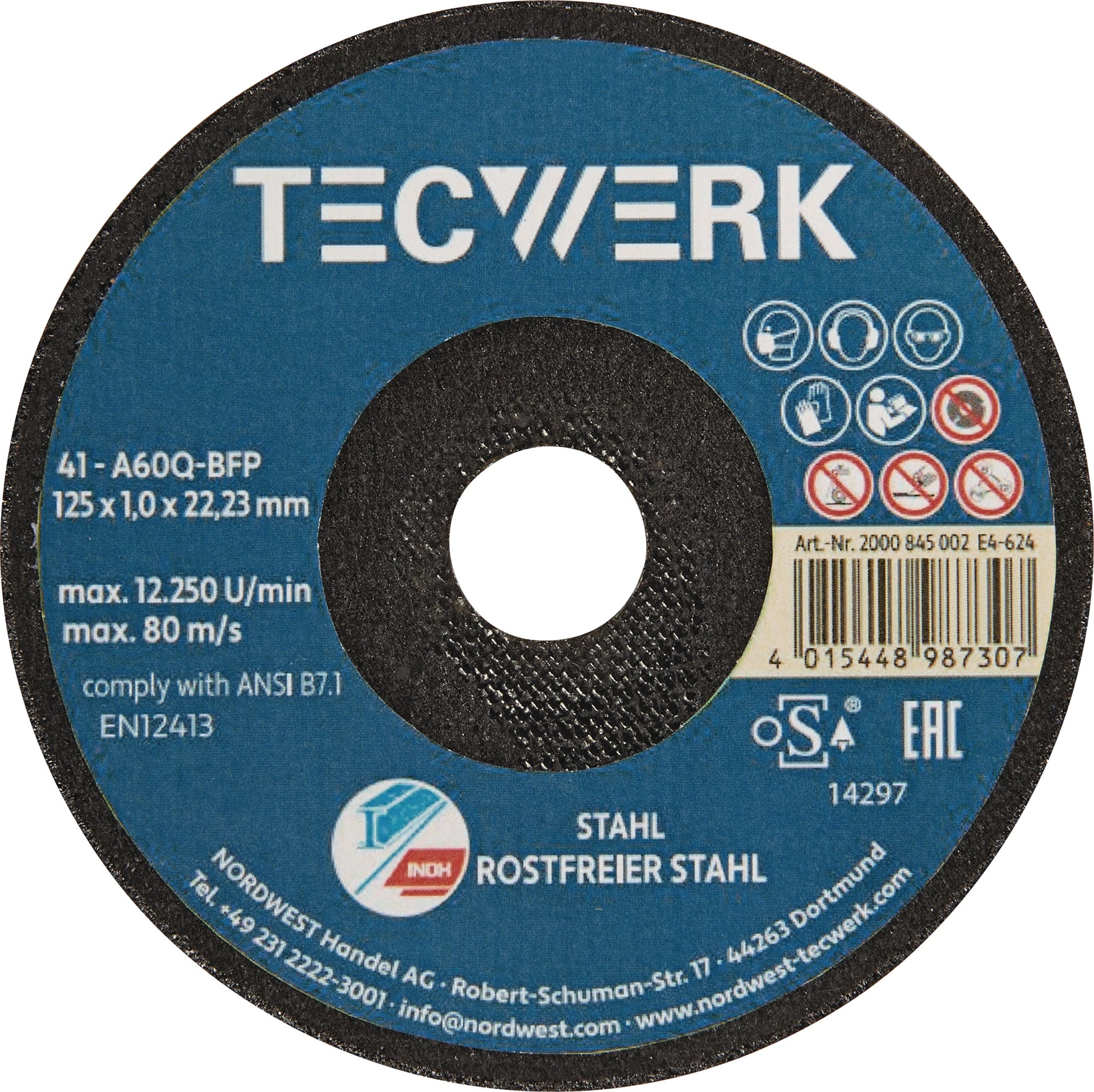Premium-Trennscheibe 2in1 D125x1mm ger.INOX/Stahl Bohr.22,23mm TECWERK