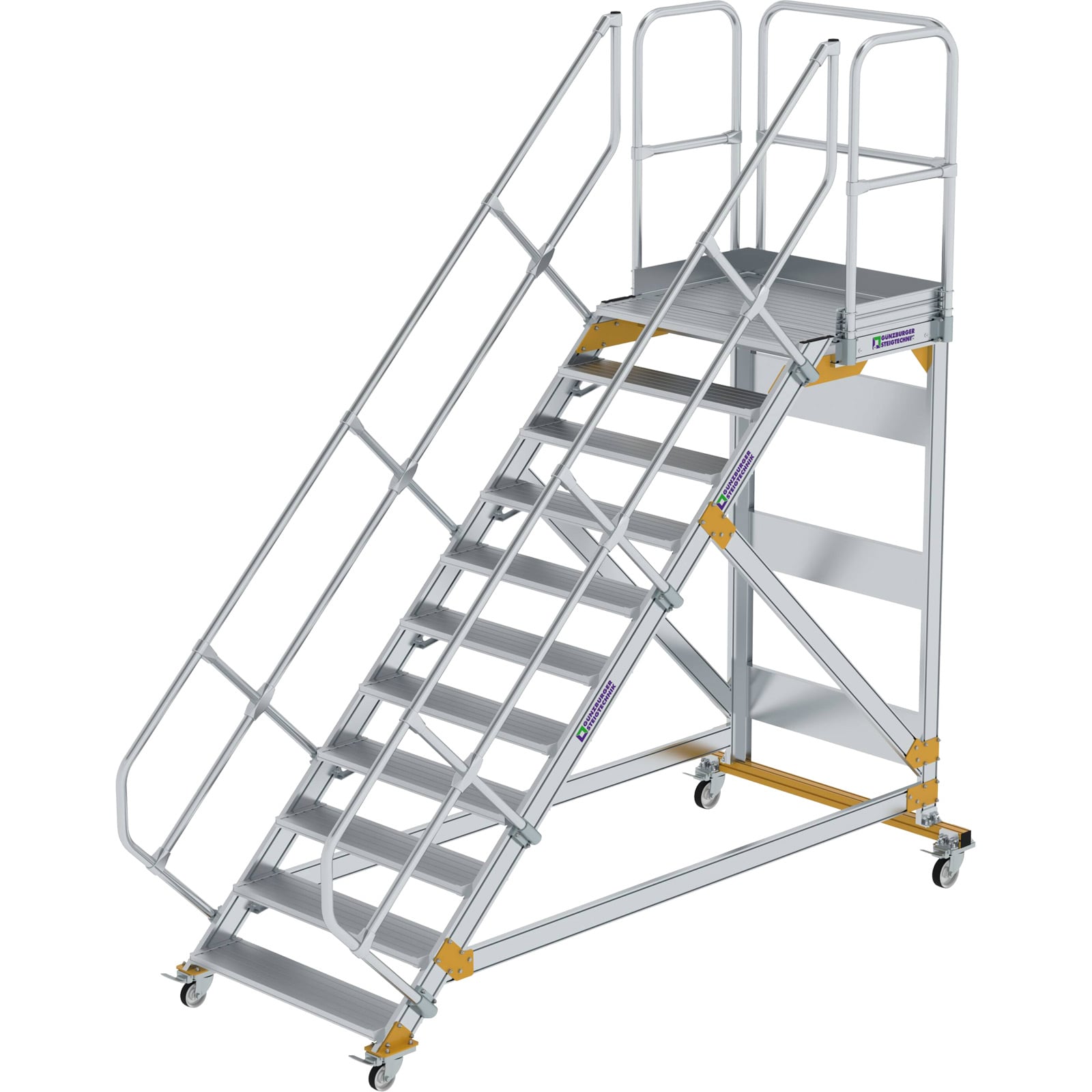 Günzburger Steigtechnik Plattformtreppe 45° fahrbar Stufenbreite 1 m 11 Stufen Aluminium geriffelt - 600811