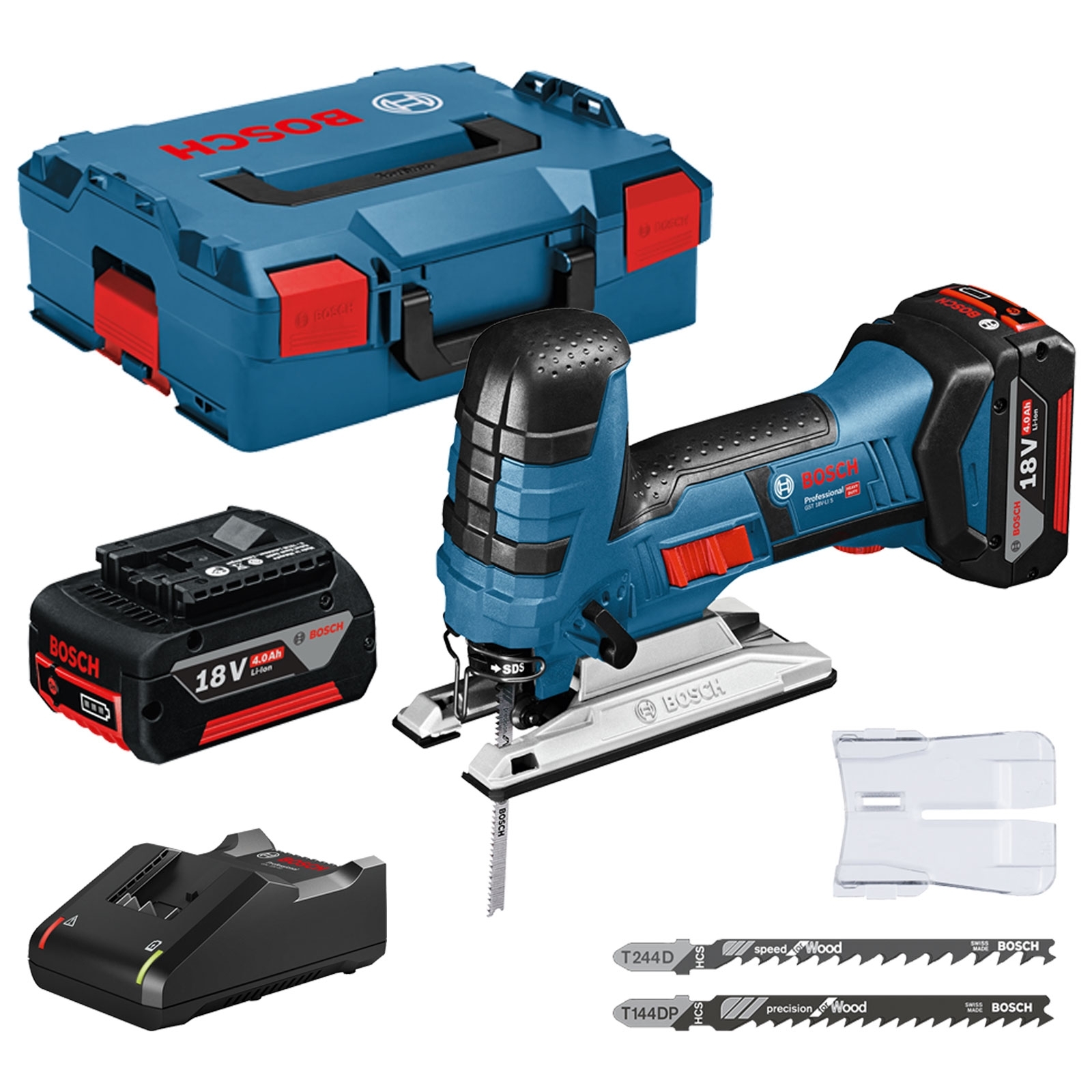 Bosch Akku-Stichsäge GST 18V-LI S / 2x 4,0 Ah Akku + Ladegerät inkl. Stichsägeblätter in L-Boxx - 06015A5107