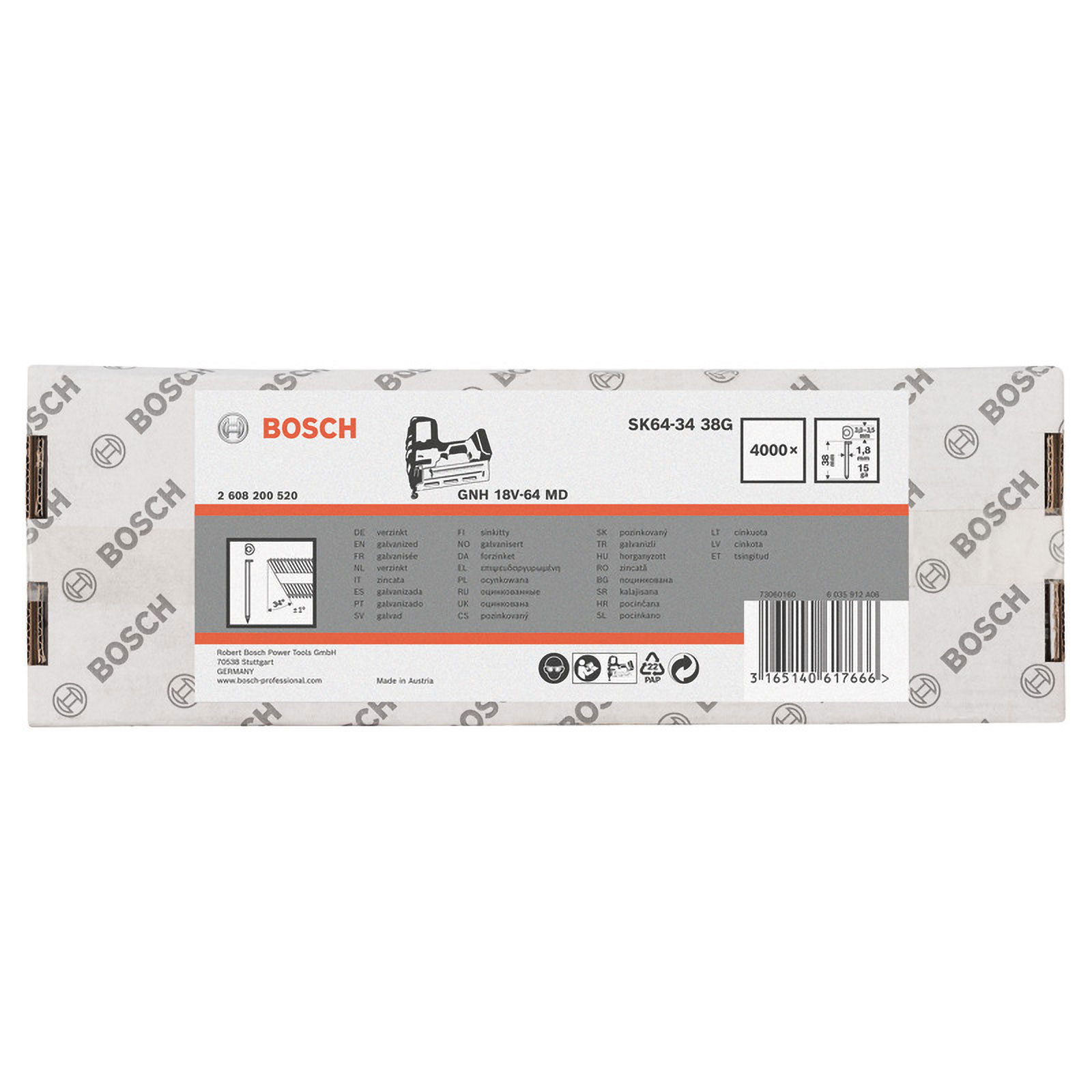 Bosch DA Senkkopf-Stift SK64-34 38G, 1,8mm, 38 mm, verzinkt, 4000er-Pack - 2608200520