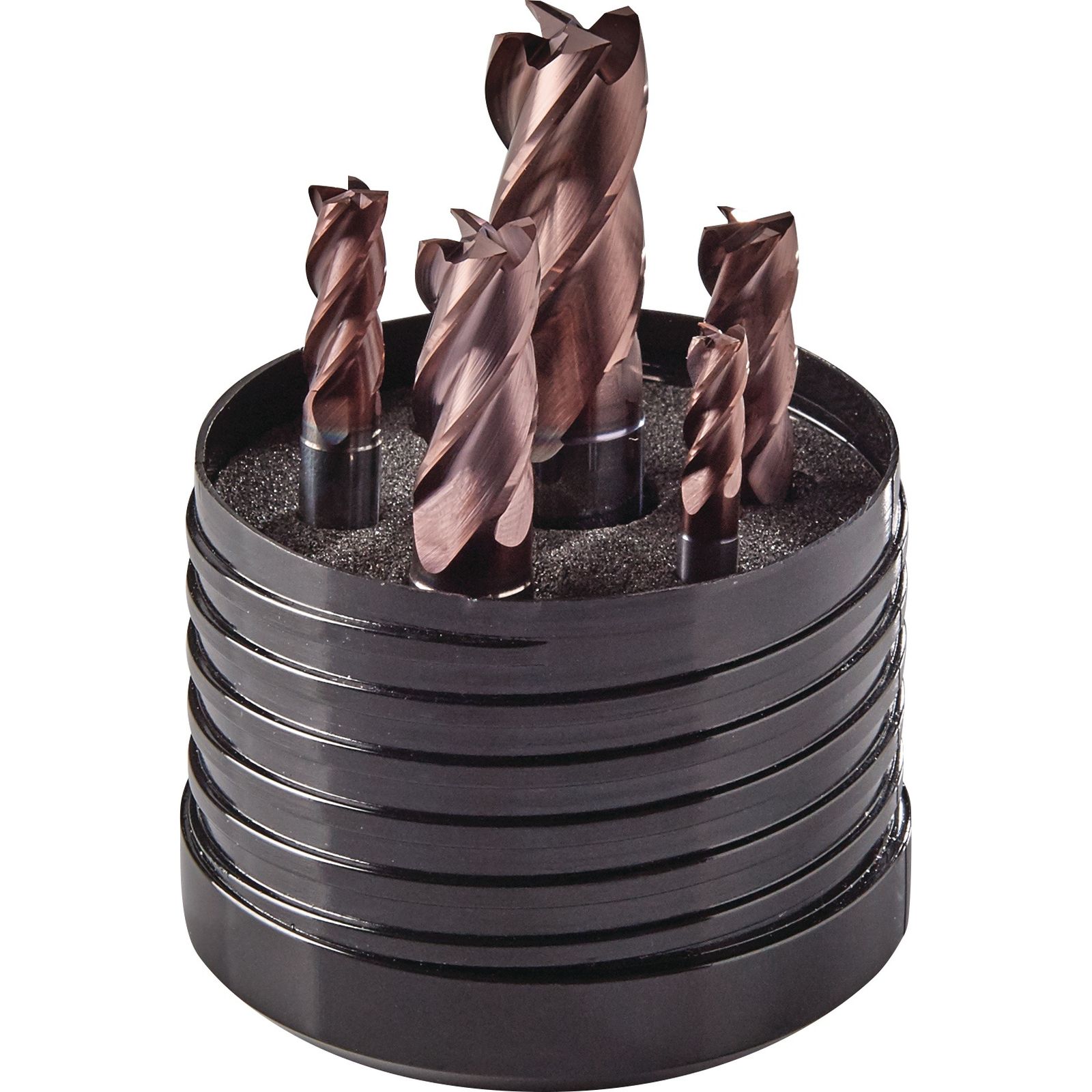 Schaftfräserset DIN 6527L D.6/8/10/12/16mm Z.4 VHM TiAlN 5tlg.Ku.-Box TECWERK