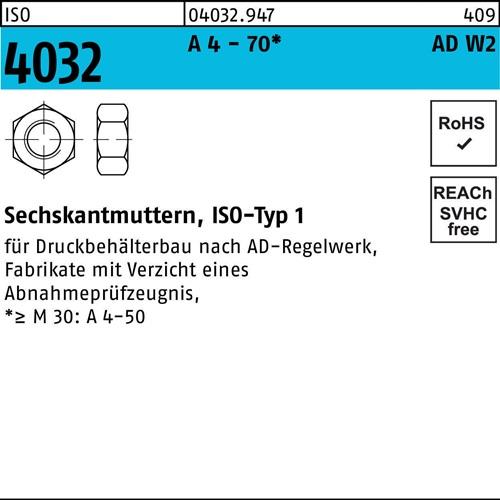 Sechskantmutter ISO 4032 M10 A 4 - 70 AD-W2 100 Stück