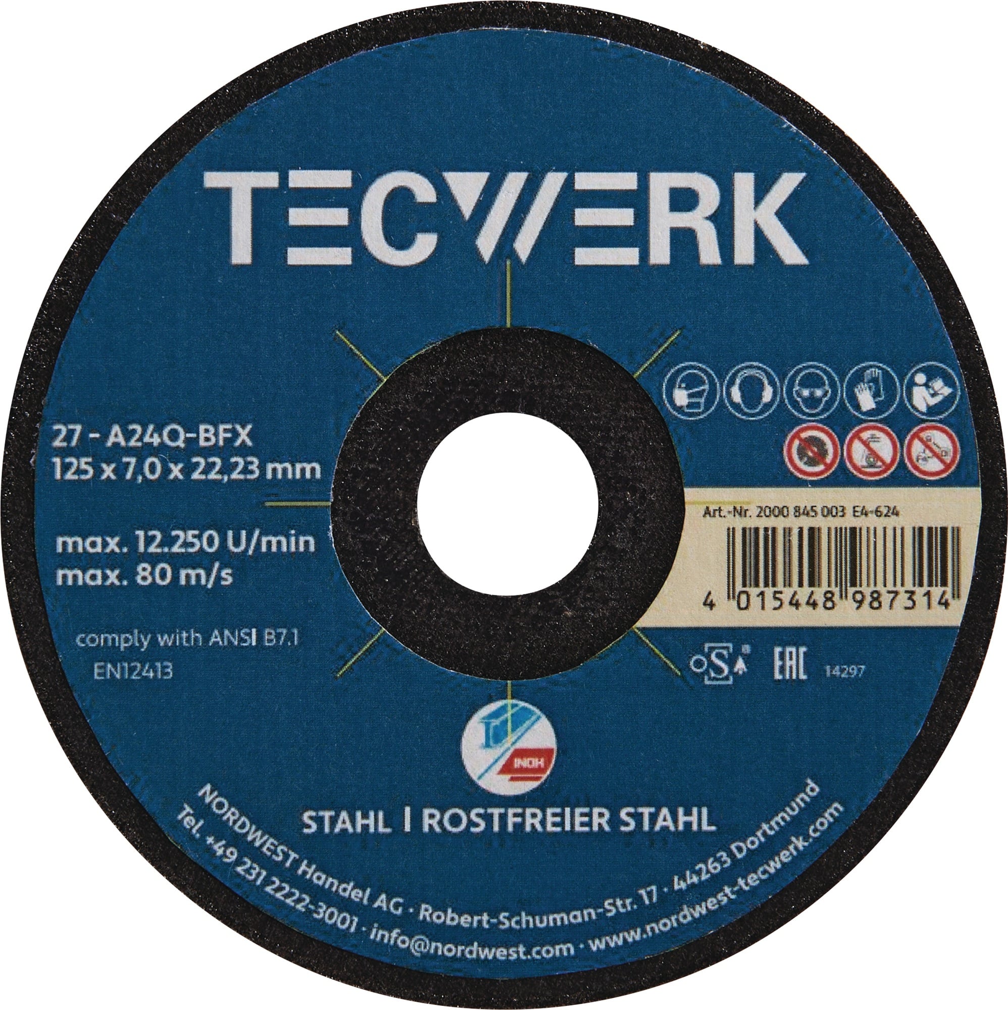 Premium-Schruppscheibe 2in1 D125xS7mm gekr.INOX/Stahl Bohr.22,23mm TECWERK