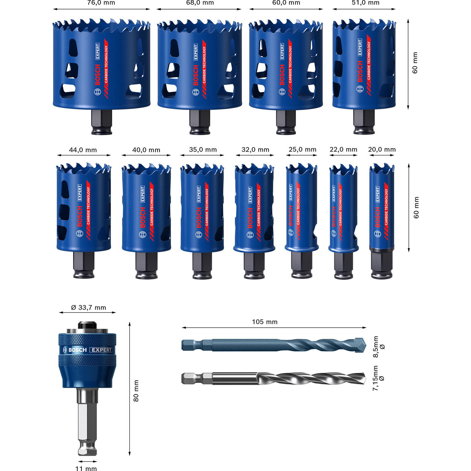 Bosch Expert Tough Material Lochsäge-Set 20/22/25/32/35/40/44/51/60/68/76 mm 14tlg. - 2608900448