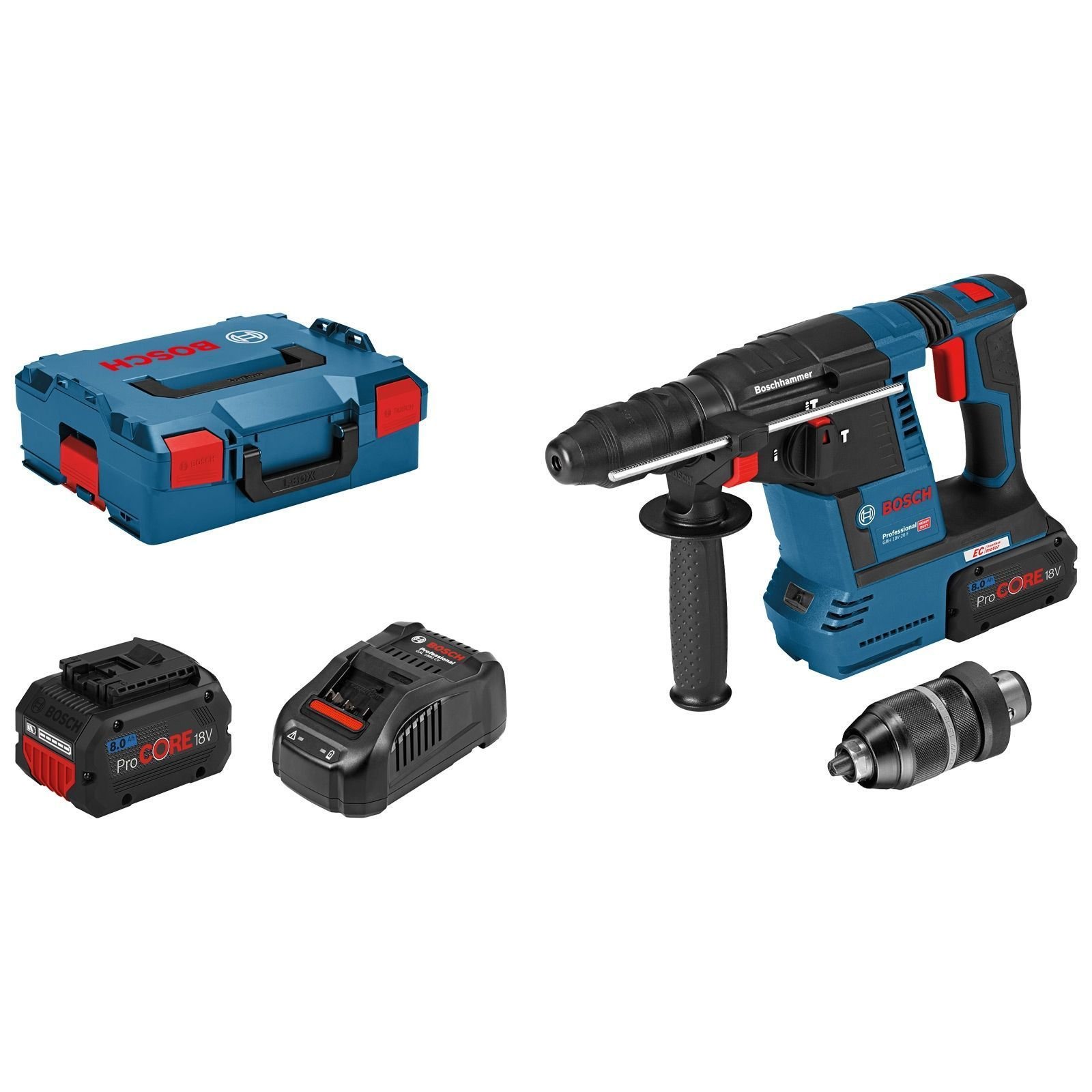 Bosch Akku-Bohrhammer GBH 18V-26 F mit SDS plus / 2x 8,0 Ah ProCORE Akku + Ladegerät inkl. Schnellspannbohrfutter in L-Boxx - 061191000E