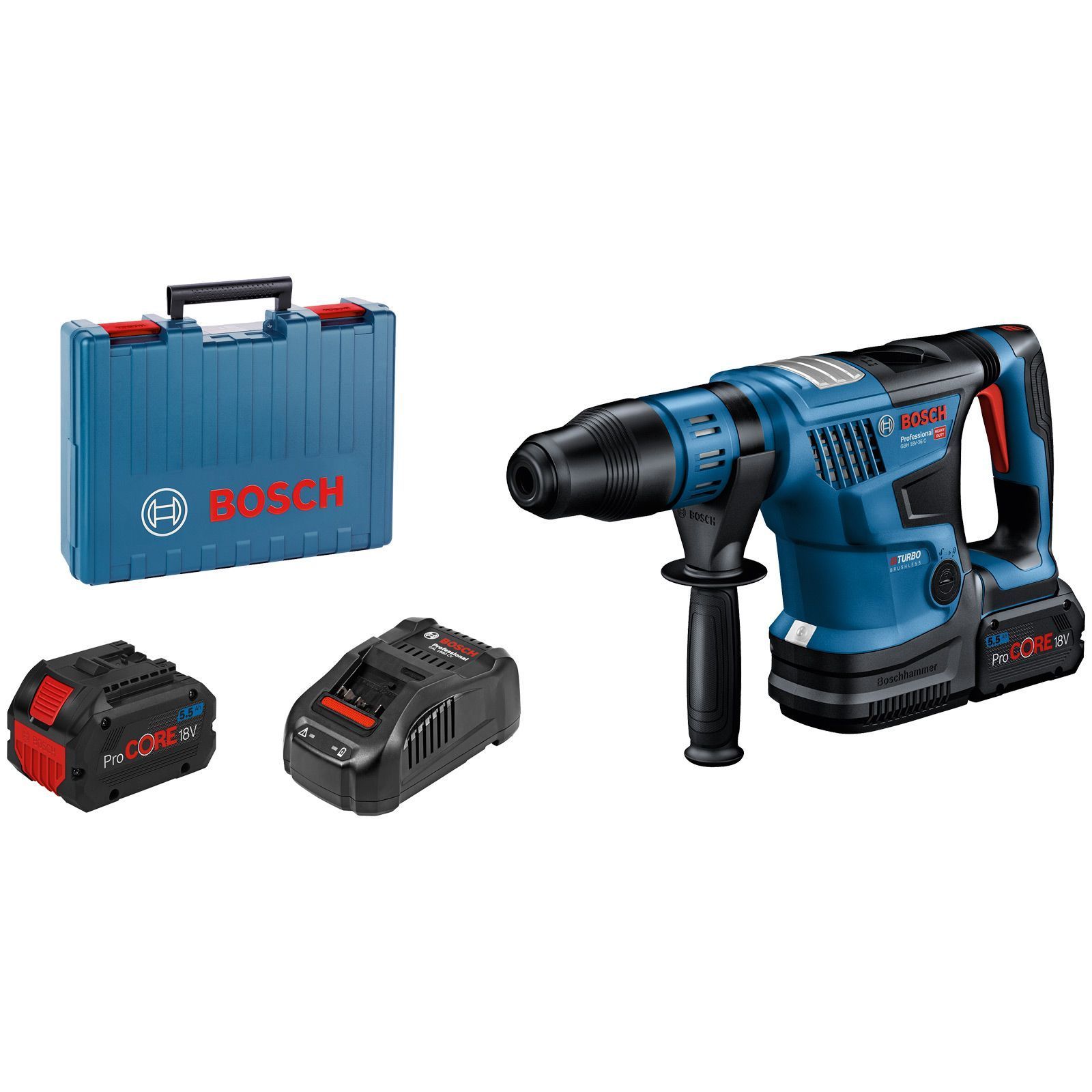 Bosch Akku-Bohrhammer GBH 18V-36 C BITURBO mit SDS max / 2x 5,5 Ah ProCORE18V Akku + Ladegerät im Koffer - 0611915003