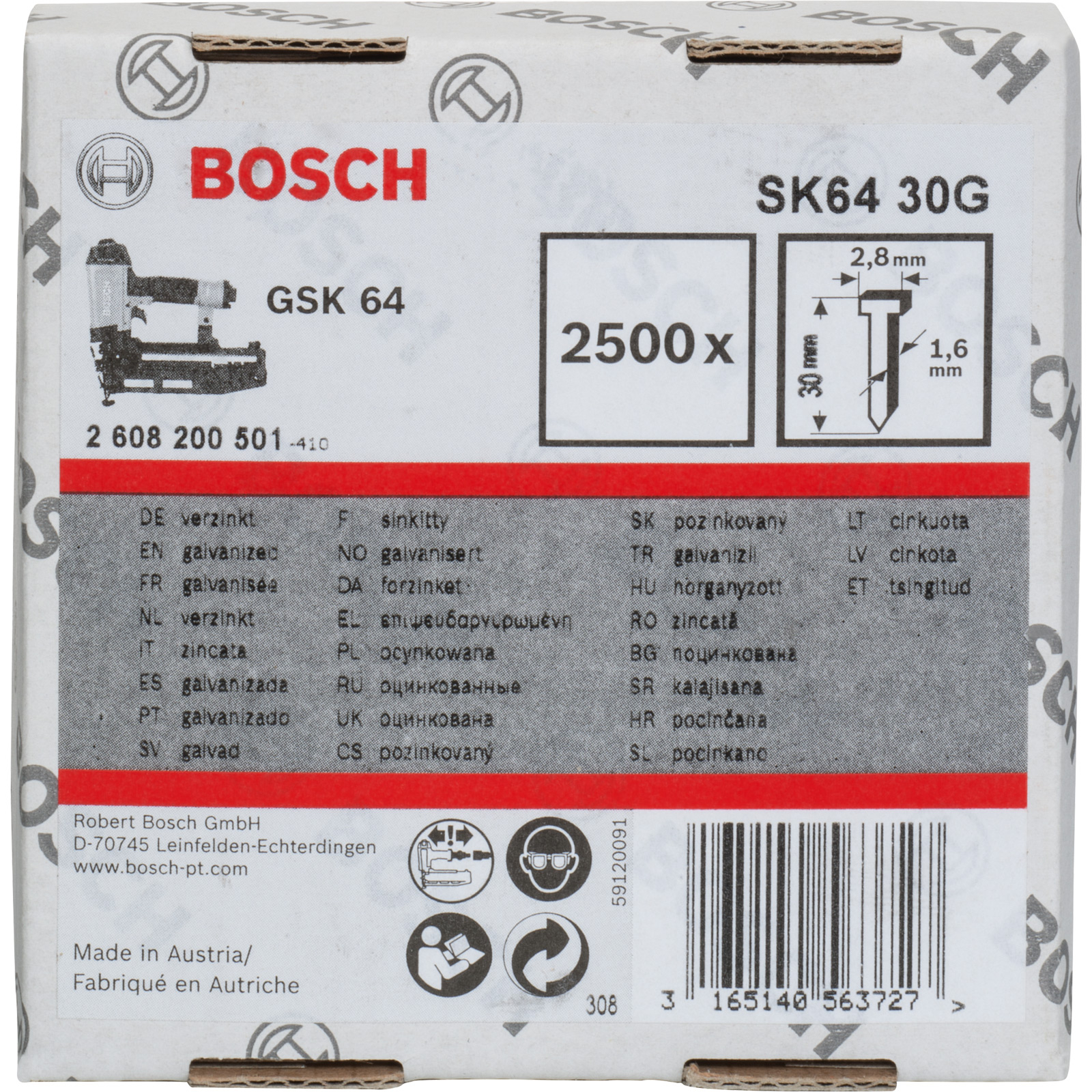 Bosch Senkkopf-Stift SK64 30G, 1,6 mm, 30 mm, verzinkt - 2608200501