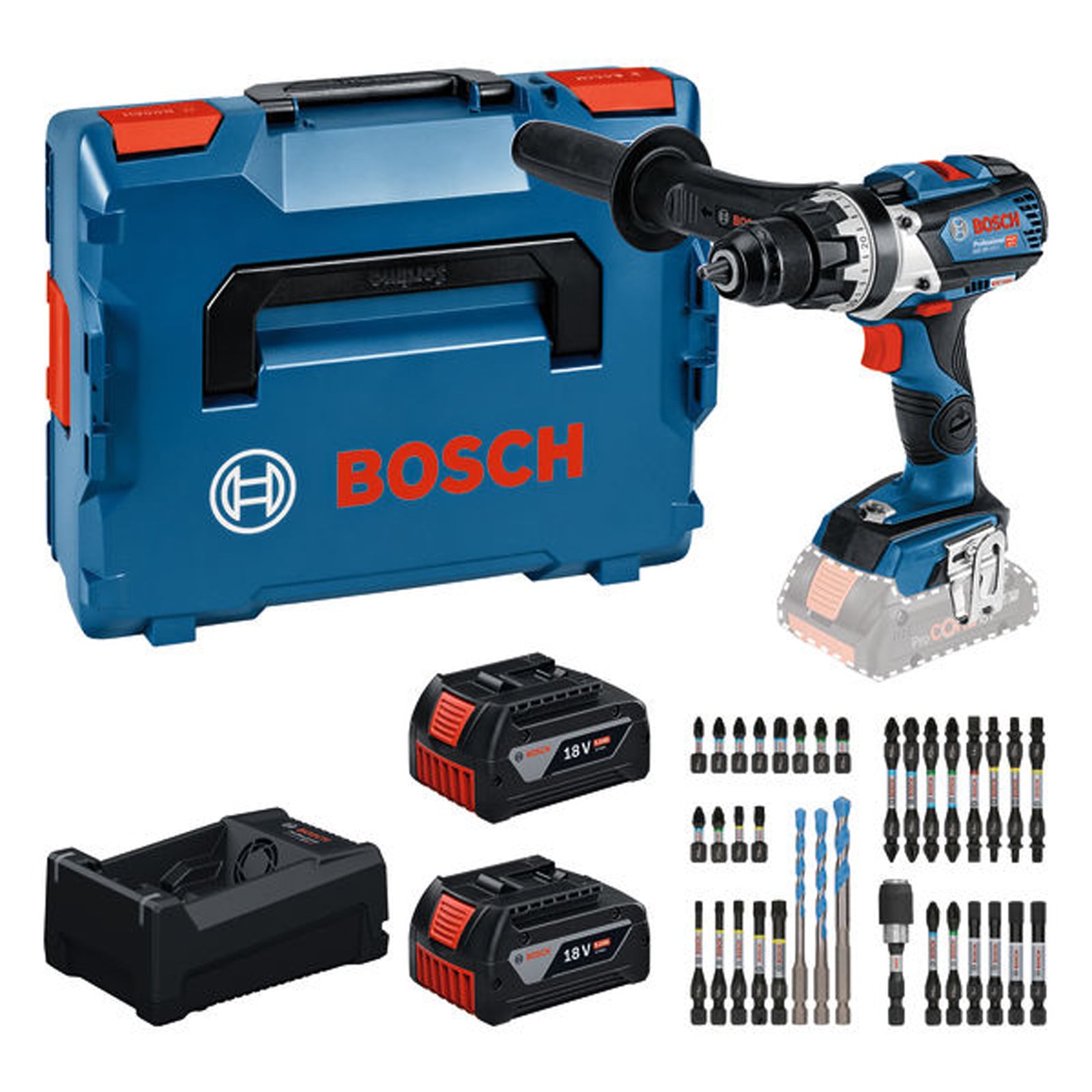 Bosch Werkzeug-Set: GSR 18V-110 C / 2x Akku GBA 5.0Ah + Ladegerät + Bit-Set in L-BOXX - 0615A500E3