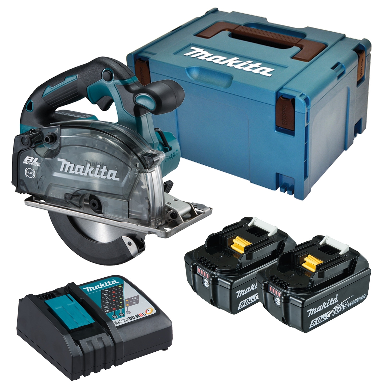 Makita DCS553RTJ Akku-Metallhandkreissäge 18 V Ø 150 mm / 2x 5,0 Ah Akku + Ladegerät im Makpac