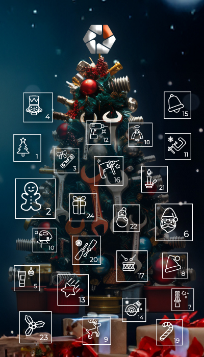 Weihnachtsbanner mit dekoriertem Baum, Werkzeug-Icons und Geschenken