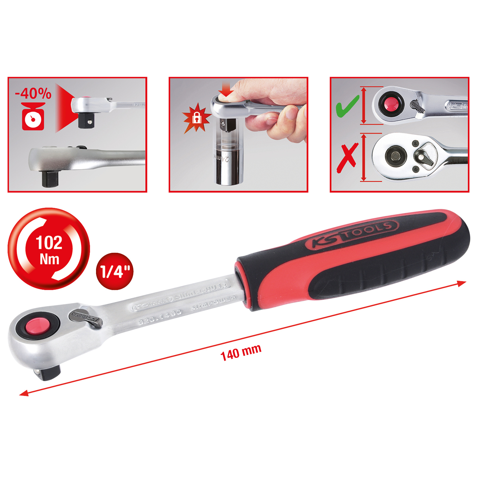 KS TOOLS 1/4" SlimPOWER Umschaltknarre 72 Zahn - 920.1490