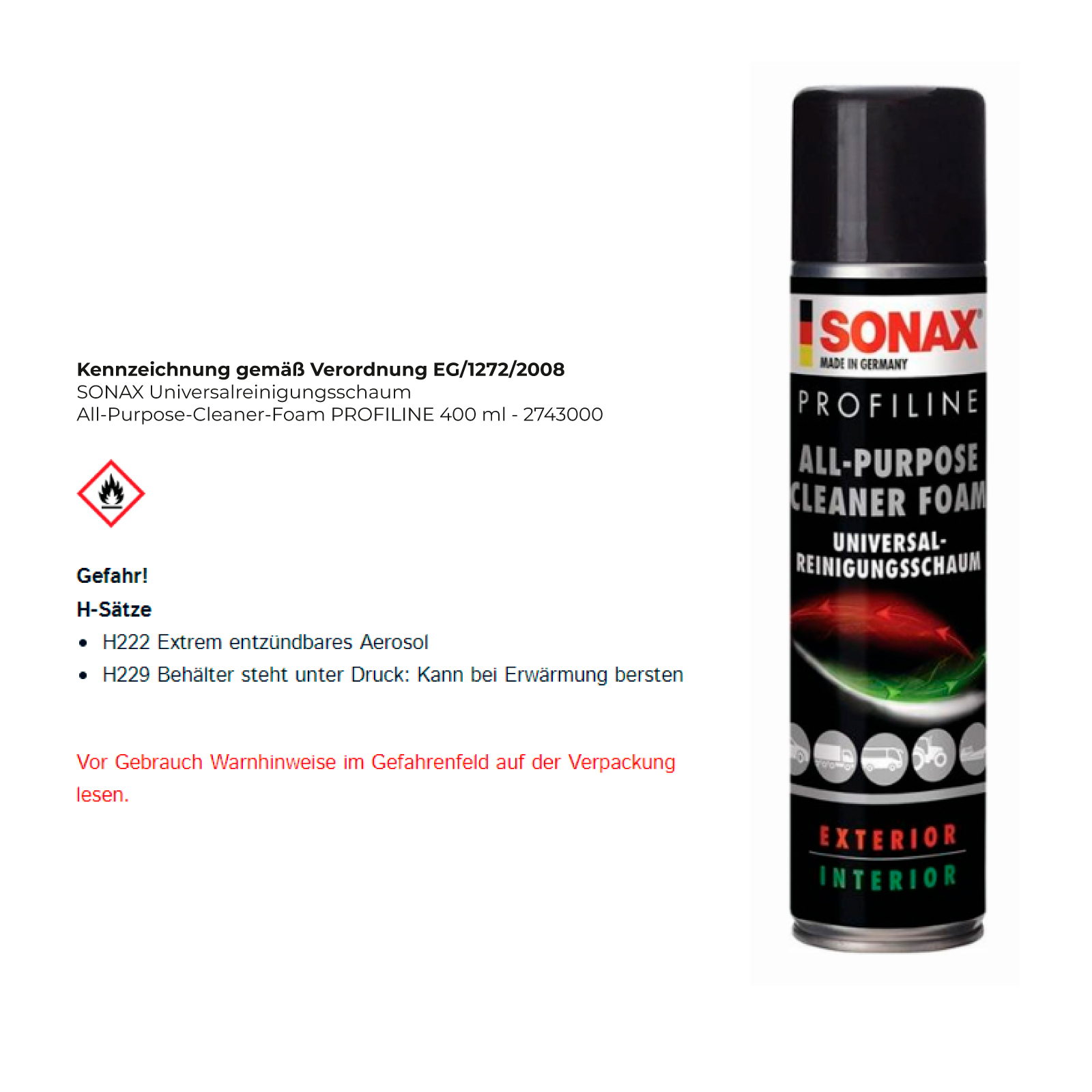 SONAX Universalreinigungsschaum All-Purpose-Cleaner-Foam PROFILINE 400 ml - 2743000