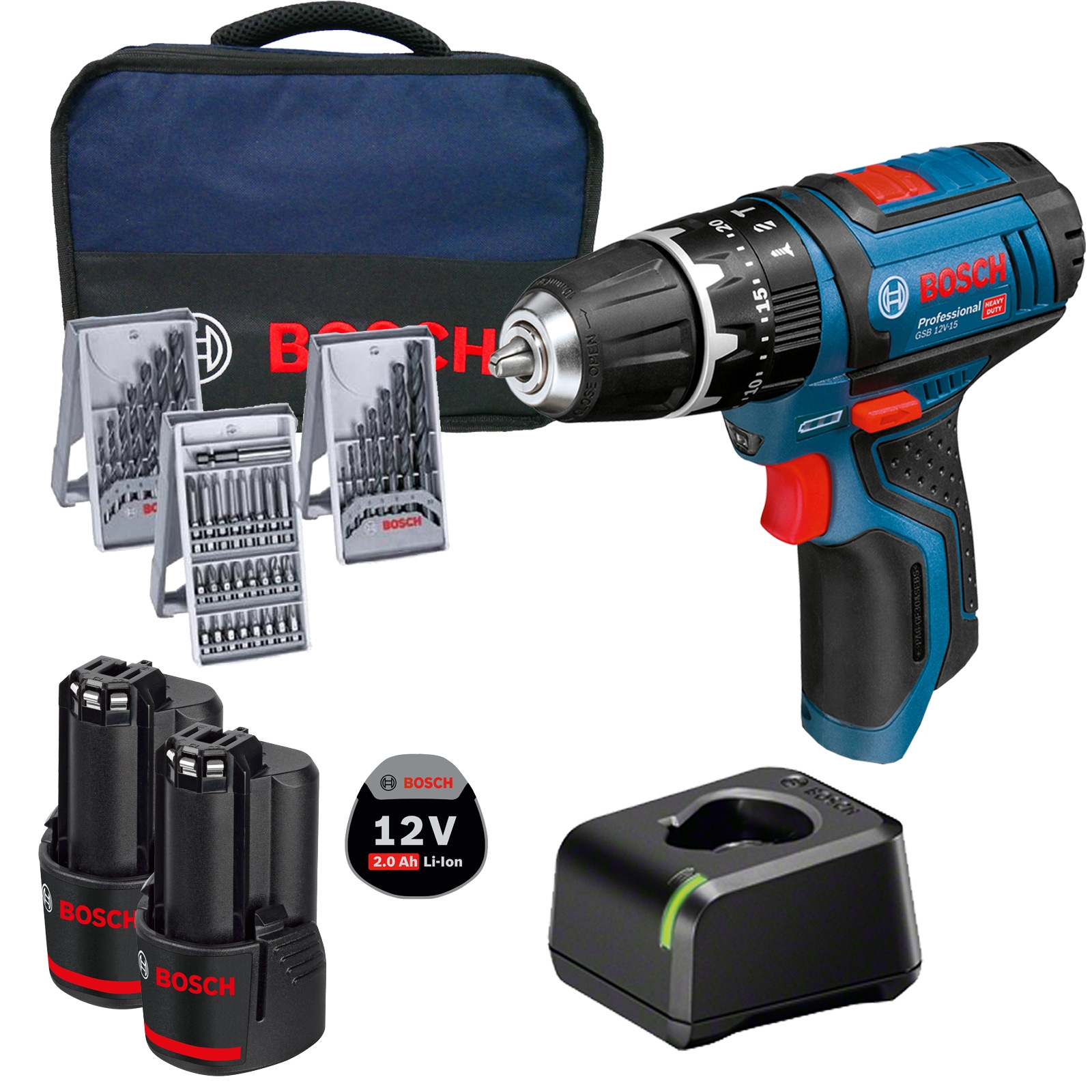 Bosch Akku-Schlagbohrschrauber GSB 12V-15 Professional 12 V / 2x 2,0 Ah Akku + Ladegerät inkl. Zubehör in Softbag
