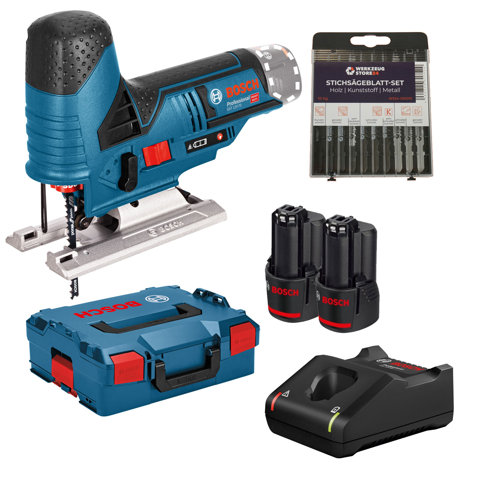 Bosch Akku-Stichsäge GST 12V-70 / 2x 2,0 Ah Akku + Ladegerät + WS24 Stichsägeblatt-Box 10tlg. Holz/Metall in L-Boxx