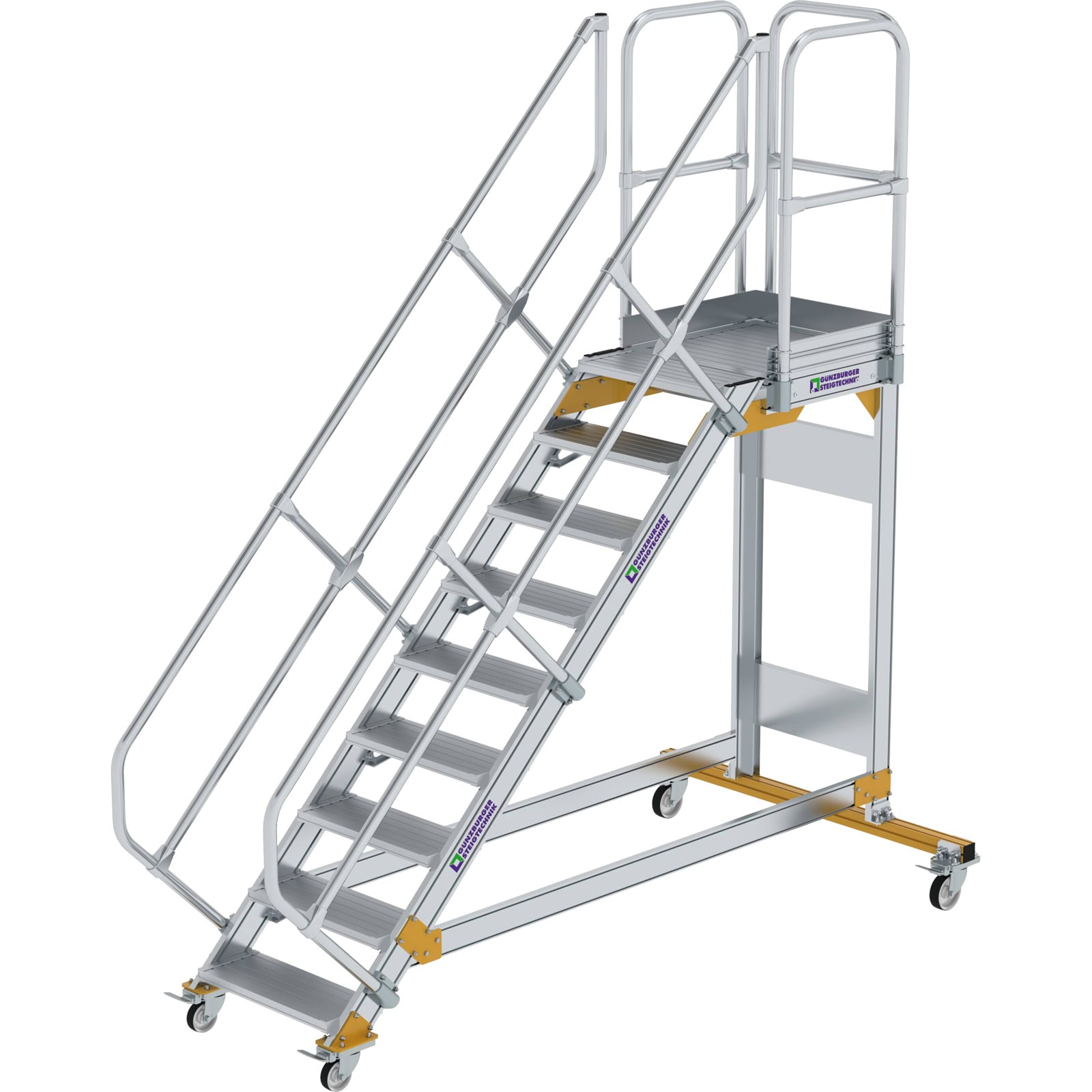 Günzburger Steigtechnik Plattformtreppe 45° fahrbar Stufenbreite 0,6 m 9 Stufen Aluminium geriffelt - 600769