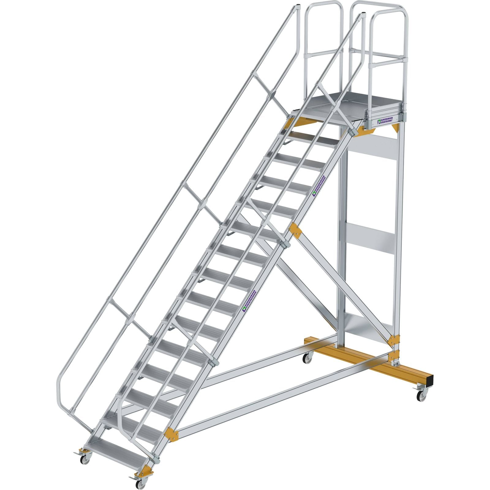Günzburger Steigtechnik Plattformtreppe 45° fahrbar Stufenbreite 0,8 m 15 Stufen Aluminium geriffelt - 600795