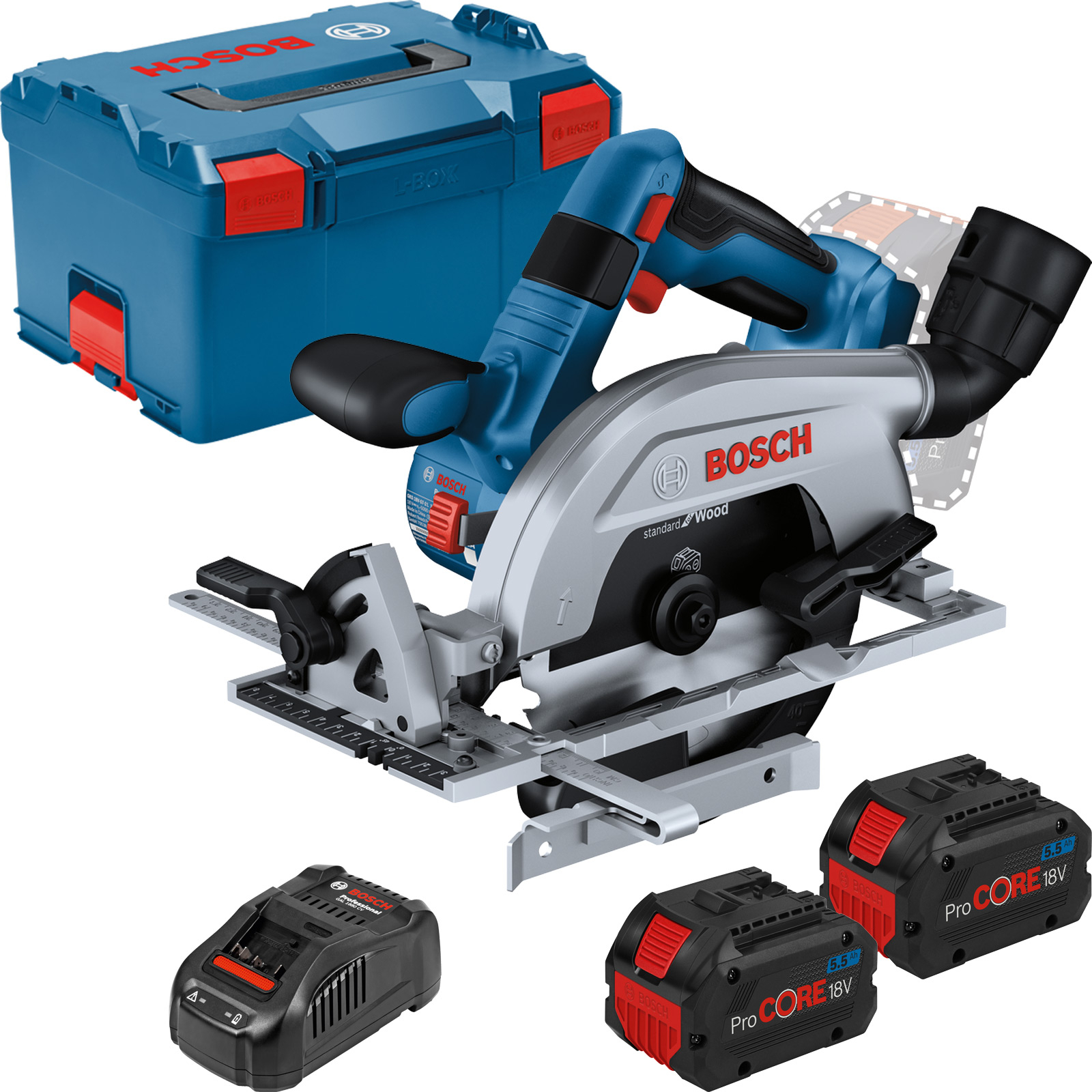 Bosch Akku-Handkreissäge GKS 18V-57-2 L Ø 165 mm / 2x 5,5 Ah ProCORE18V + Ladegerät in L-Boxx - 06016C1102