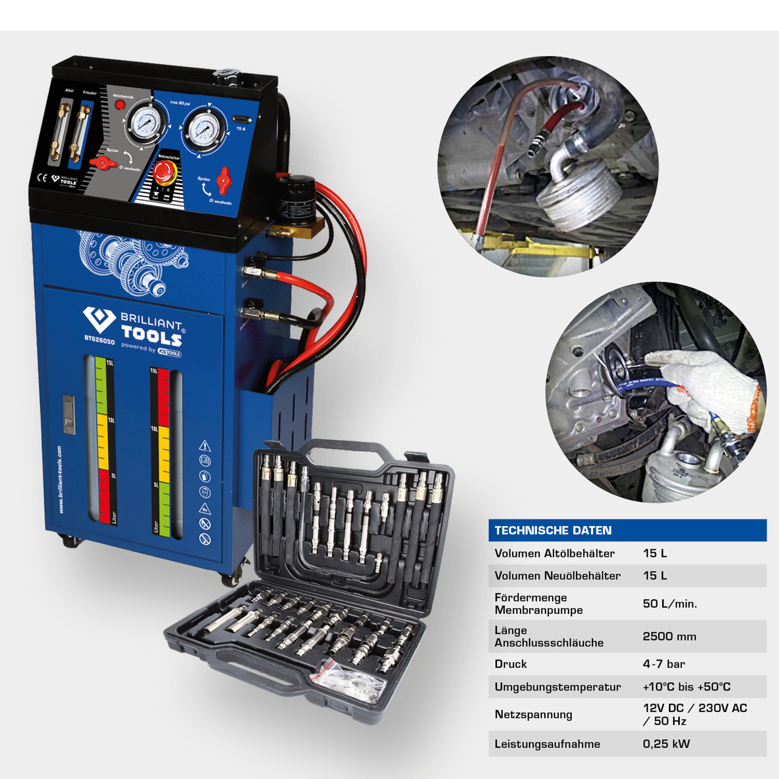 BRILLIANT TOOLS Getriebespülgerät für Automatikgetriebe inklusive 35tlg. Adapter-Satz - BT626050