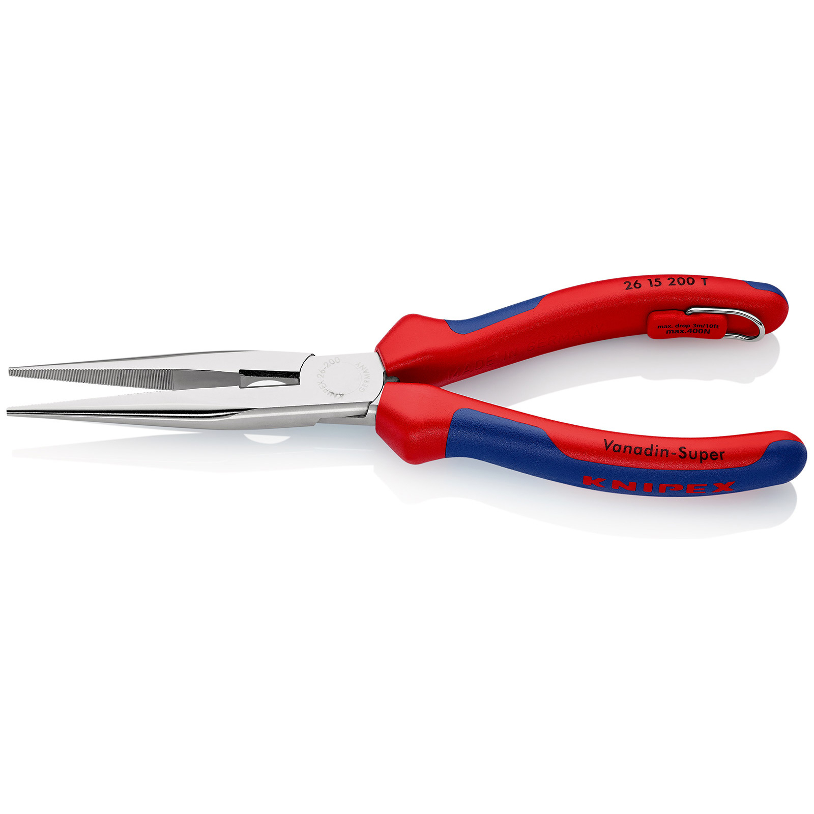 Knipex Flachrundzange mit Schneide/Befestigungsöse verchromt, mit Mehrkomponenten-Hüllen, mit integrierter Befestigungsöse zum Anbringen einer Absturzsicherung 200 mm - 2615200TBK