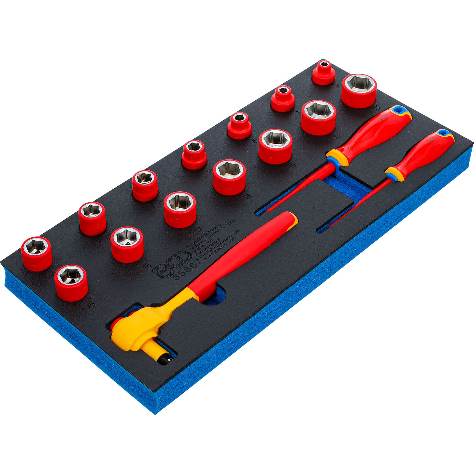 BGS Werkstattwageneinlage 1/3: VDE-Steckschlüssel- und Schraubendreher-Satz | Antrieb Innenvierkant 10 mm (3/8") | 17-tlg. - 35867
