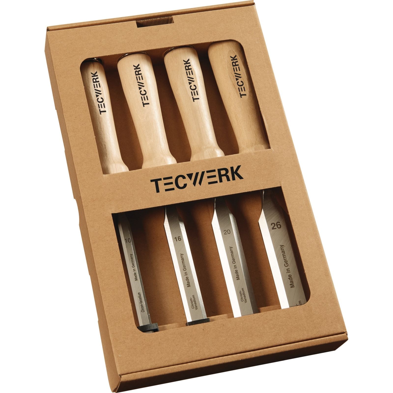 Stechbeitelsatz 10,16,20,26mm Weißbuchenh.Ulmer Form 4-tlg.Fensterkarton TECWERK