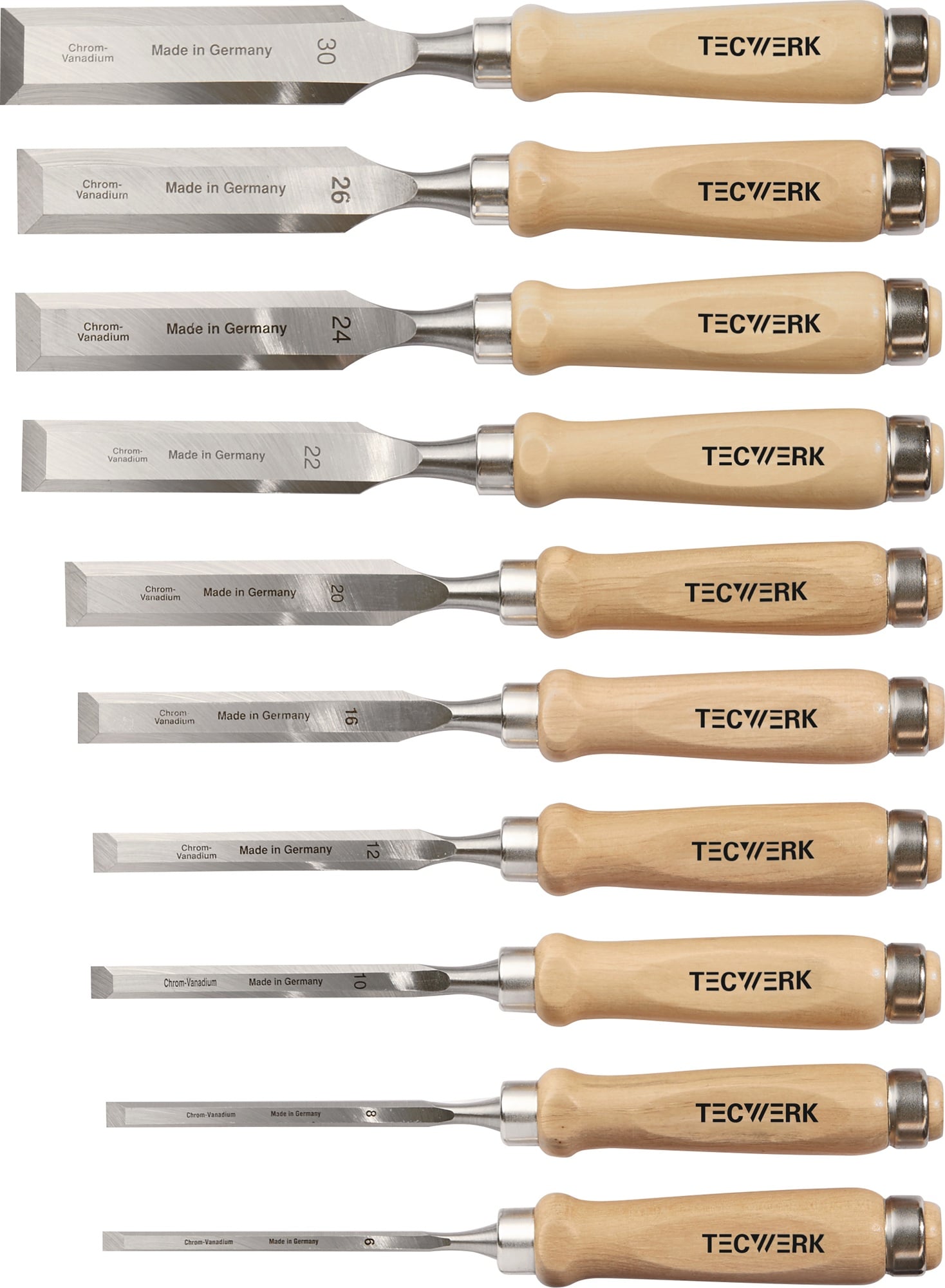 Stechbeitelsatz 6,8,10,12,16,20,22,24,26,30mm Weißbuchenh.Ulmer Form Krt. TW