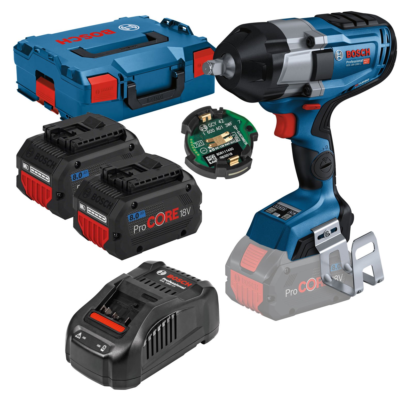 Bosch Akku-Drehschlagschrauber GDS 18V-1000 C / 2x 8,0 Ah ProCORE18V Akku + Ladegerät inkl. Bluetooth Modul in L-Boxx - 06019J8002